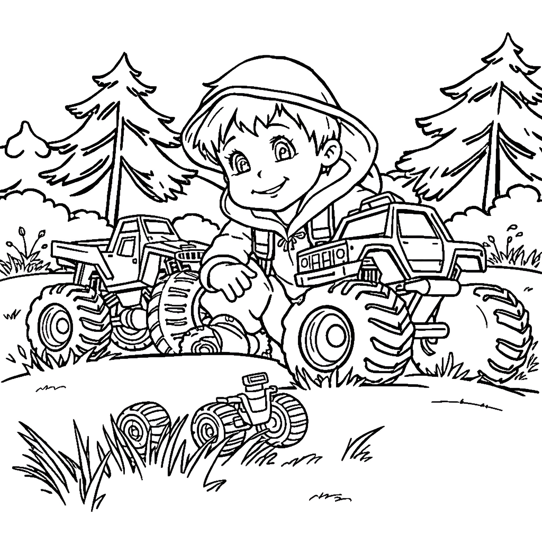 Boy playing with toy monster trucks in the woods Coloring Page (free black-and-white line drawing printable PDF for all, from beginners to advanced learners, including children, teens, adults, and seniors)