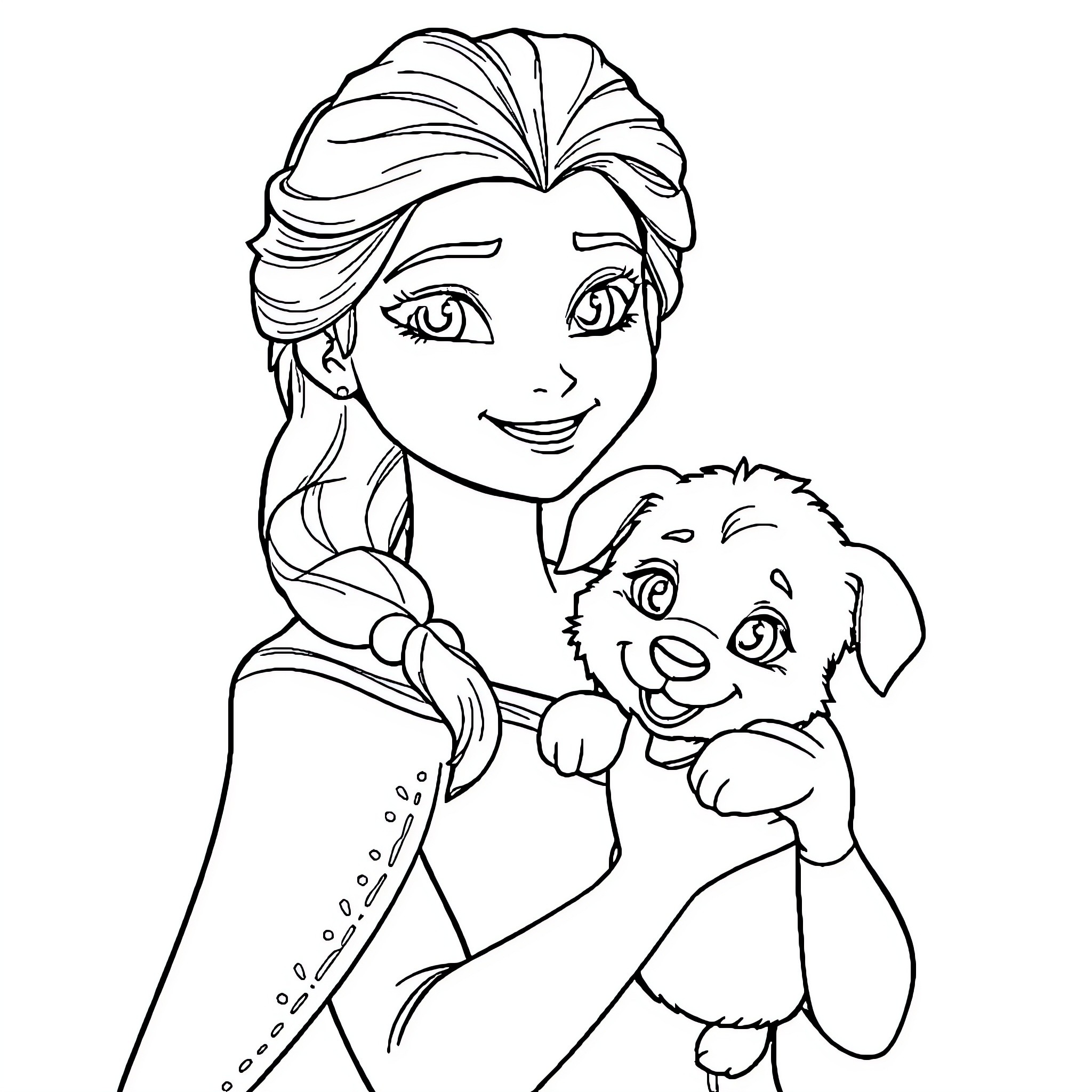 Elsa playing with her puppy friend Coloring Page (free black-and-white line drawing printable PDF for all, from beginners to advanced learners, including children, teens, adults, and seniors)