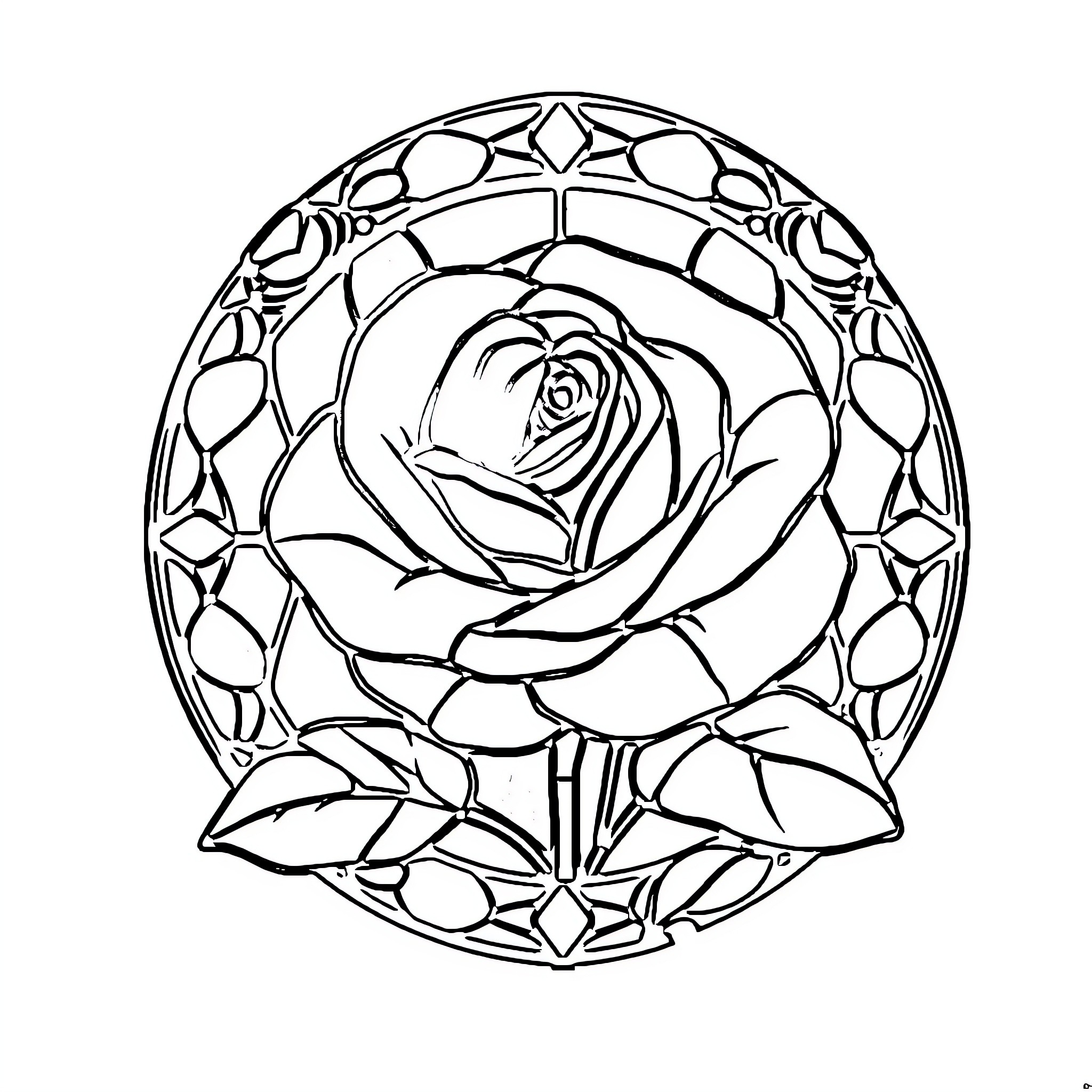 Rose in elegant stained glass frame Coloring Page (free black-and-white line drawing printable PDF for all, from beginners to advanced learners, including children, teens, adults, and seniors)