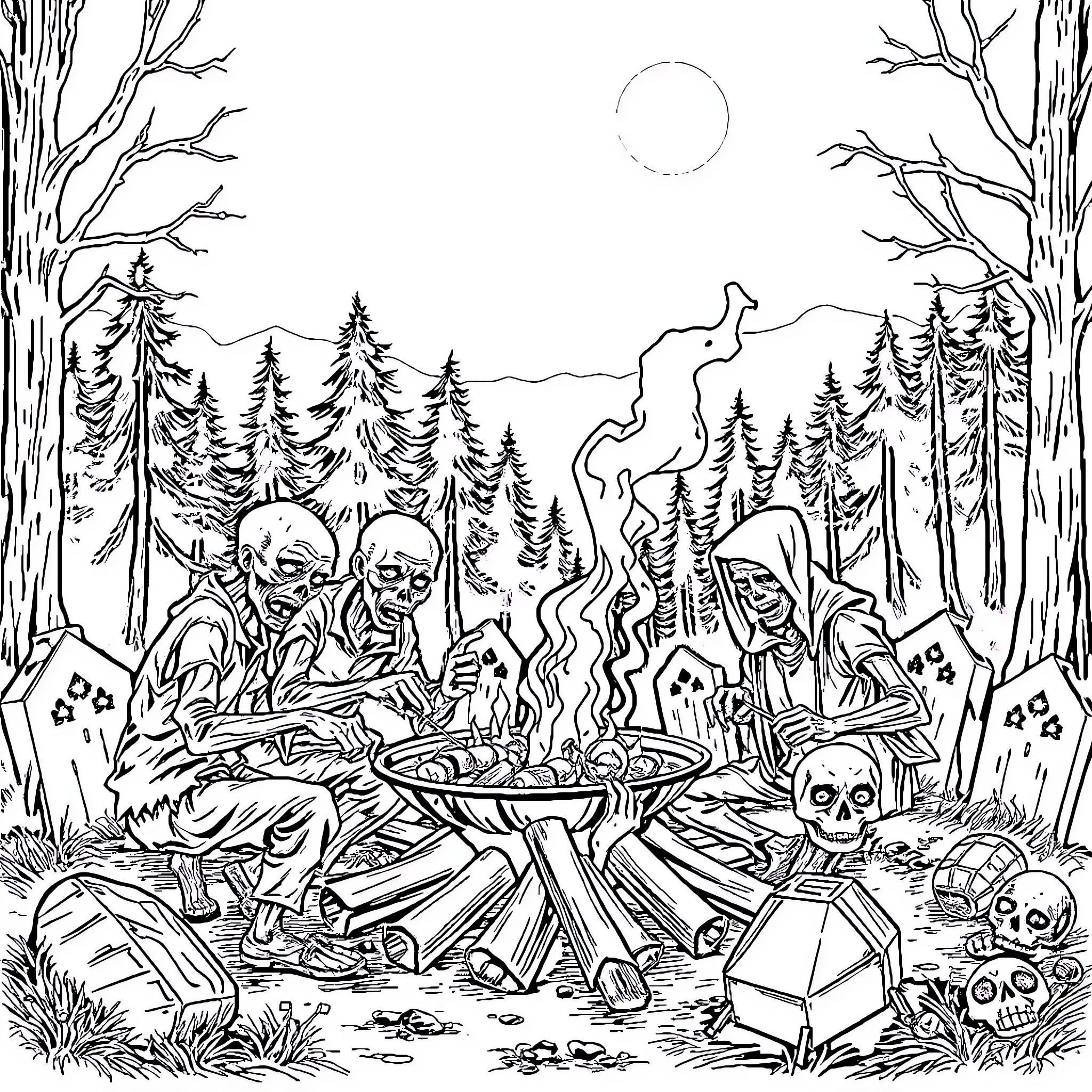 Zombie Gathering around Campfire in Haunted Forest Coloring Page (free black-and-white line drawing printable PDF for all, from beginners to advanced learners, including children, teens, adults, and seniors)