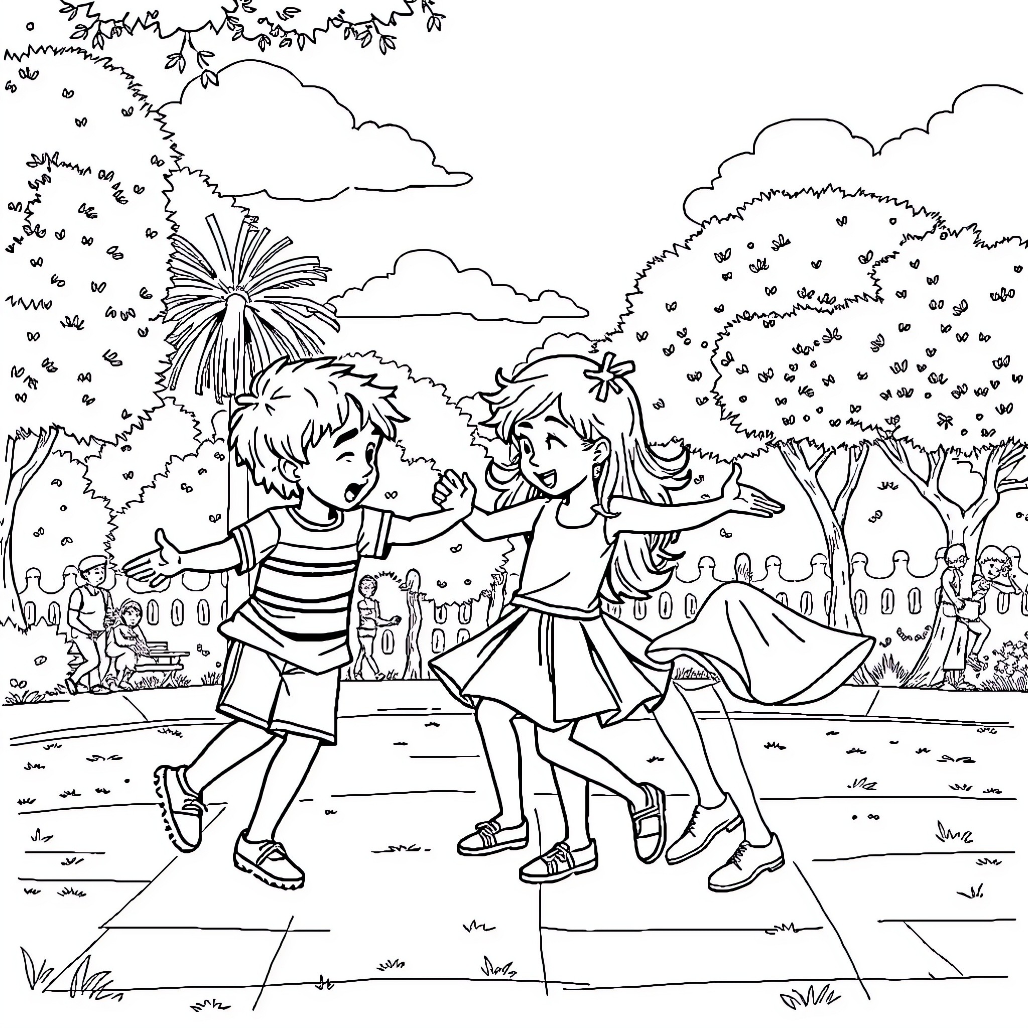 Children playing joyfully in a park with fireworks Coloring Page (free black-and-white line drawing printable PDF for all, from beginners to advanced learners, including children, teens, adults, and seniors)
