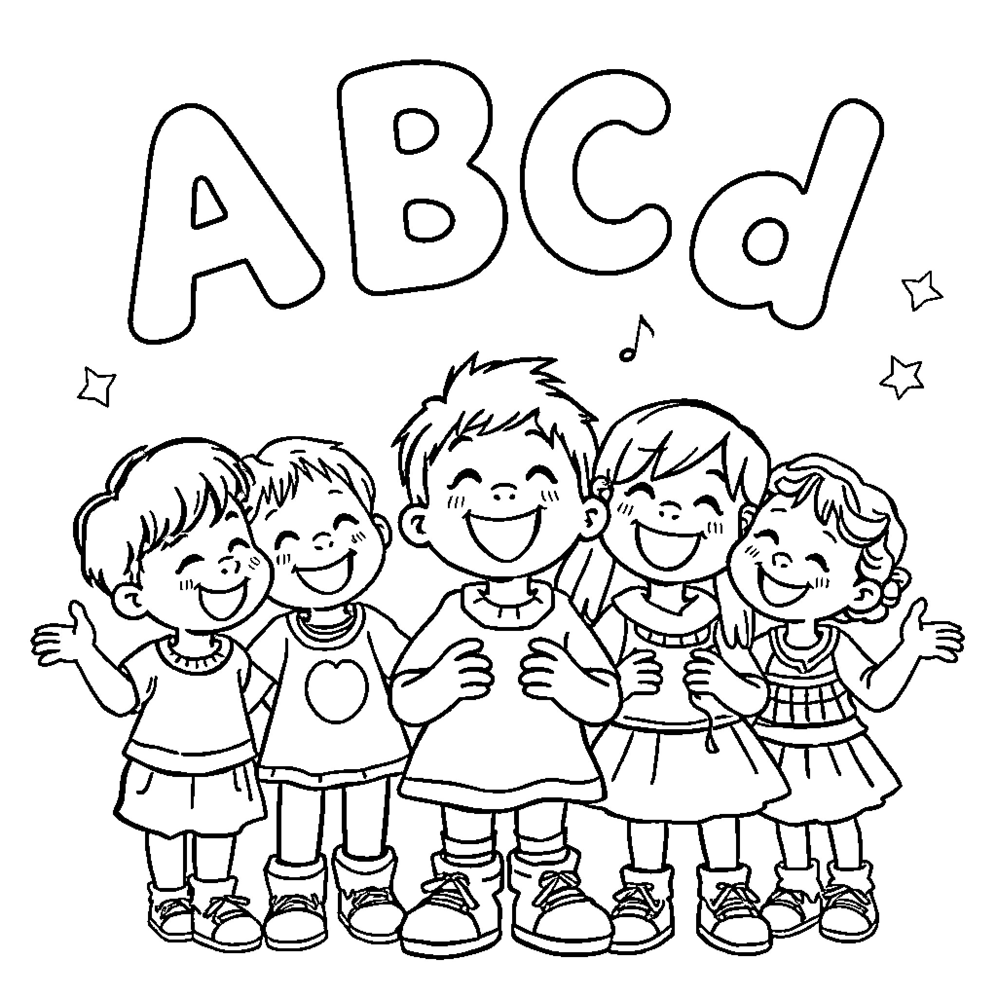 Children happily learning alphabet letters Coloring Page (free black-and-white line drawing printable PDF for all, from beginners to advanced learners, including children, teens, adults, and seniors)