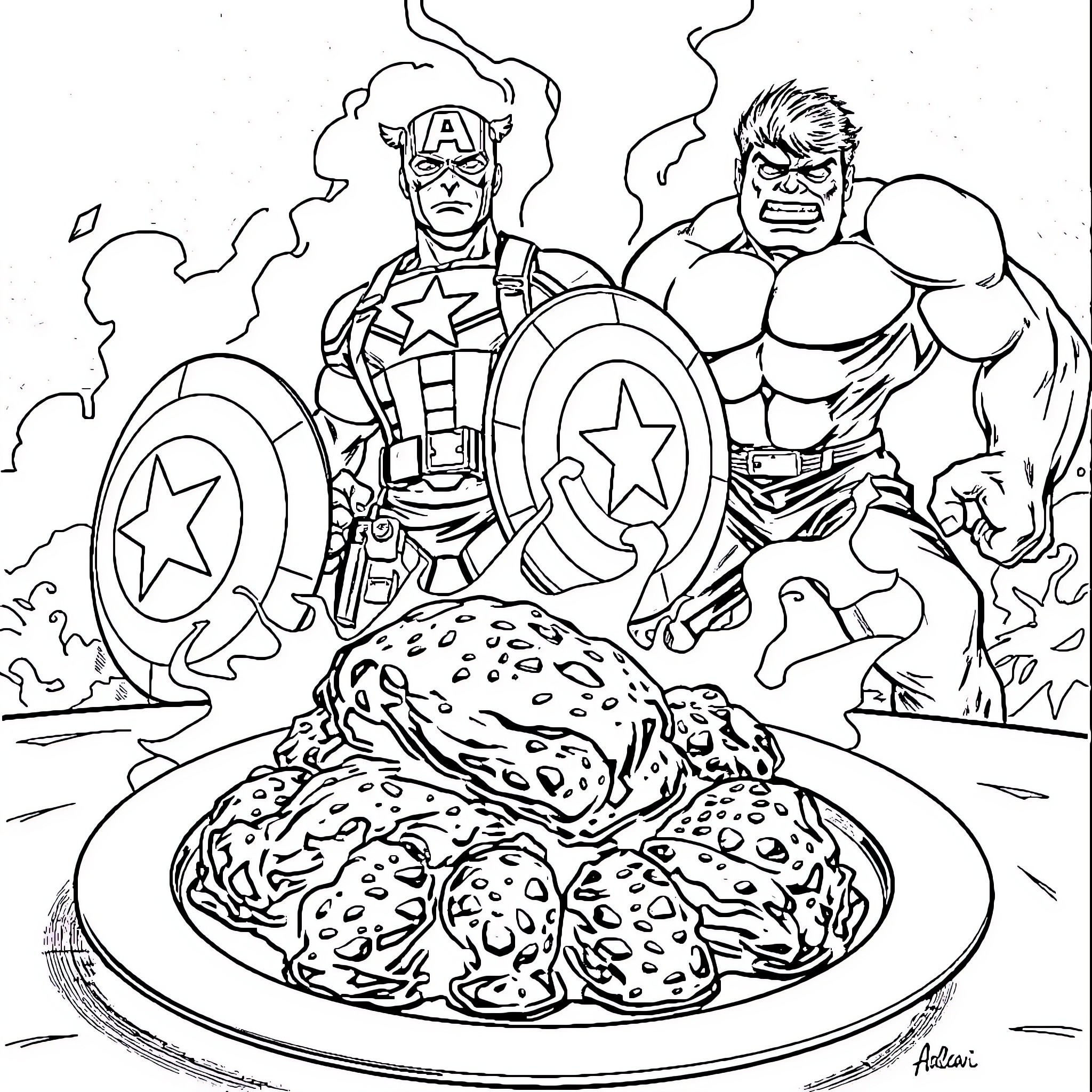 Chicken Superheroes Save the Day Coloring Page (free black-and-white line drawing printable PDF for all, from beginners to advanced learners, including children, teens, adults, and seniors)