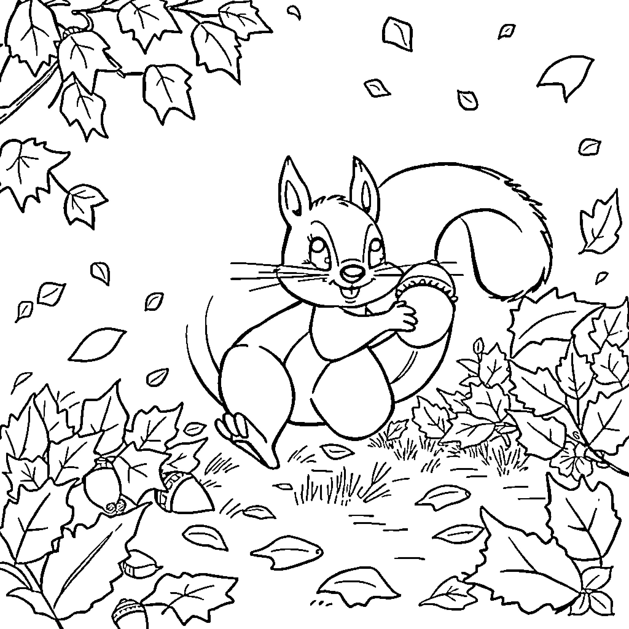 Squirrel gathering leaves in the autumn forest Coloring Page (free black-and-white line drawing printable PDF for all, from beginners to advanced learners, including children, teens, adults, and seniors)