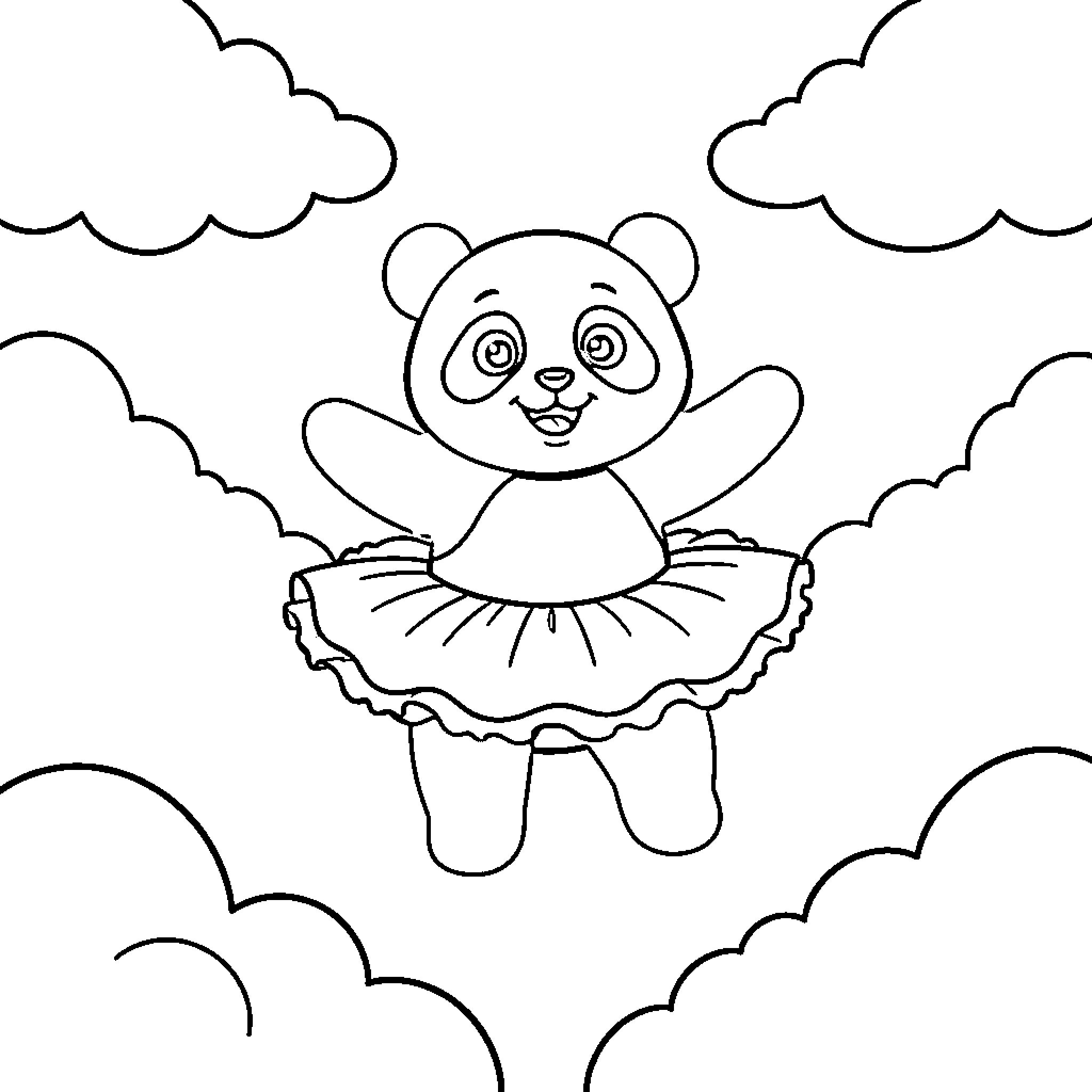 Panda wearing a tutu dancing among the clouds Coloring Page (free black-and-white line drawing printable PDF for all, from beginners to advanced learners, including children, teens, adults, and seniors)