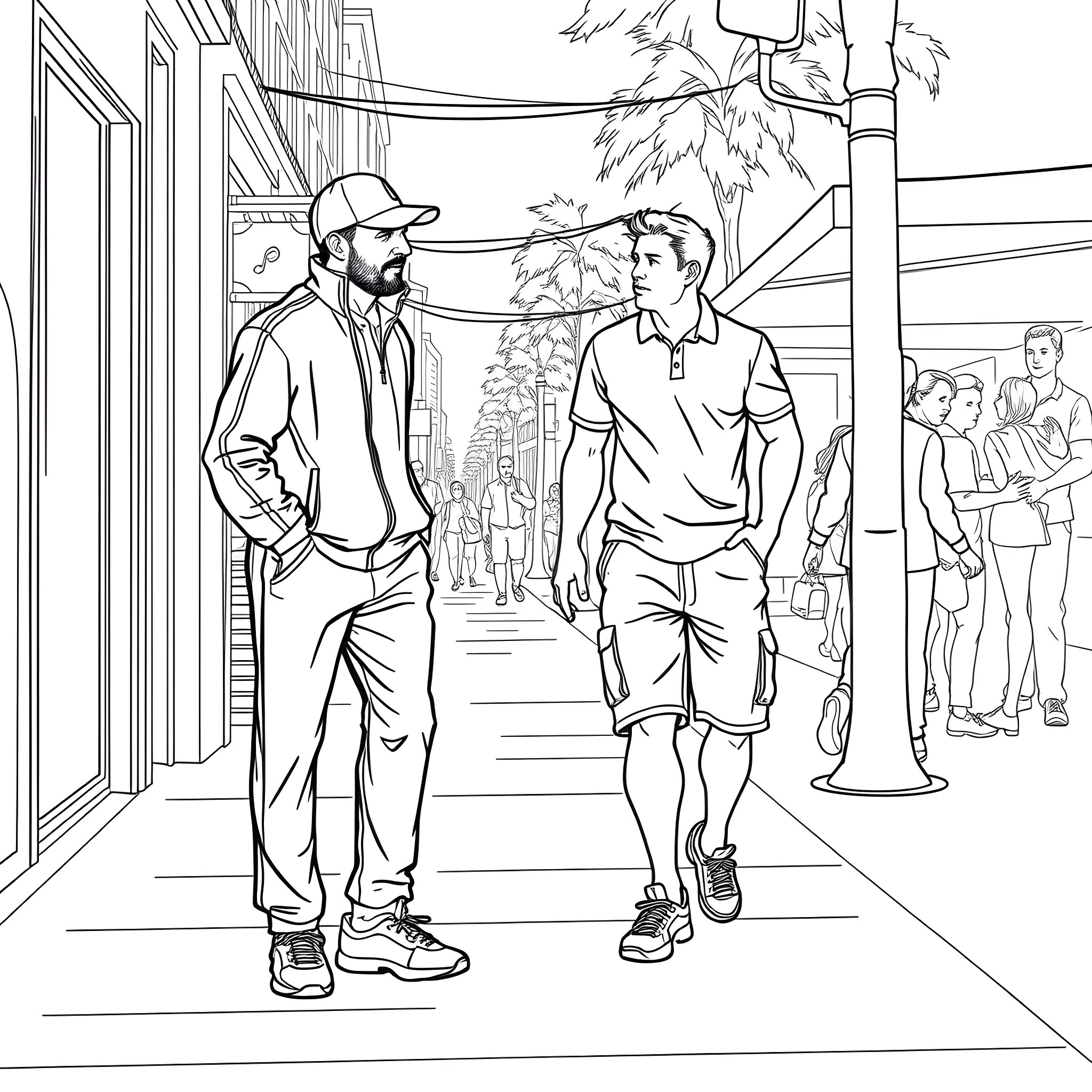 Guy talking with another guy on the street Coloring Page (free black-and-white line drawing printable PDF for all, from beginners to advanced learners, including children, teens, adults, and seniors)