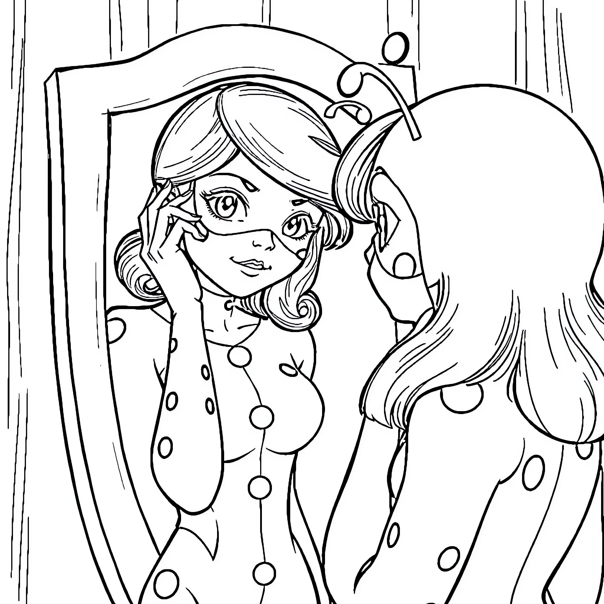 Ladybug-inspired girl styling her hair in the mirror Coloring Page (free black-and-white line drawing printable PDF for all, from beginners to advanced learners, including children, teens, adults, and seniors)