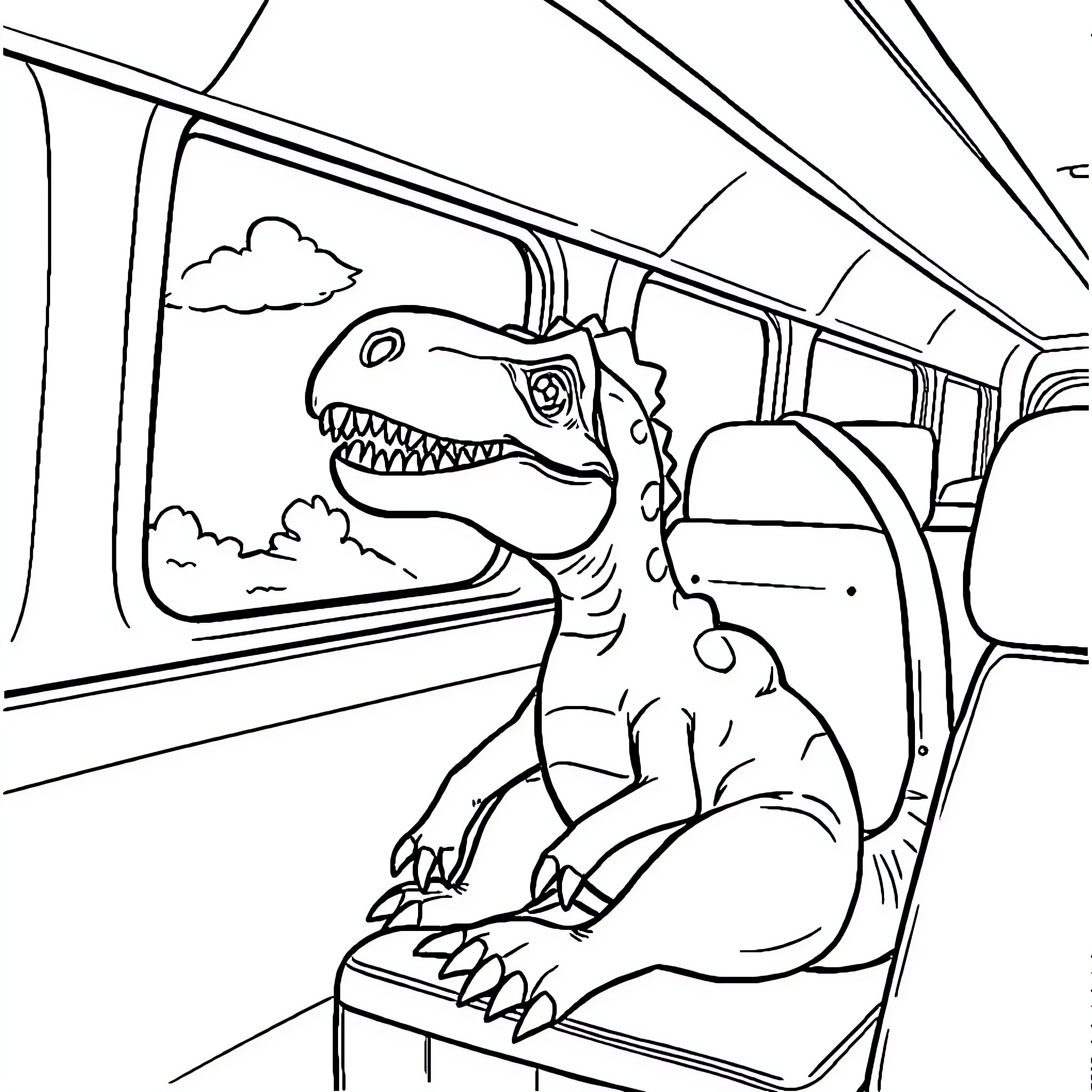 Dinosaur Riding in a Vehicle with Cloudy Sky Coloring Page (free black-and-white line drawing printable PDF for all, from beginners to advanced learners, including children, teens, adults, and seniors)