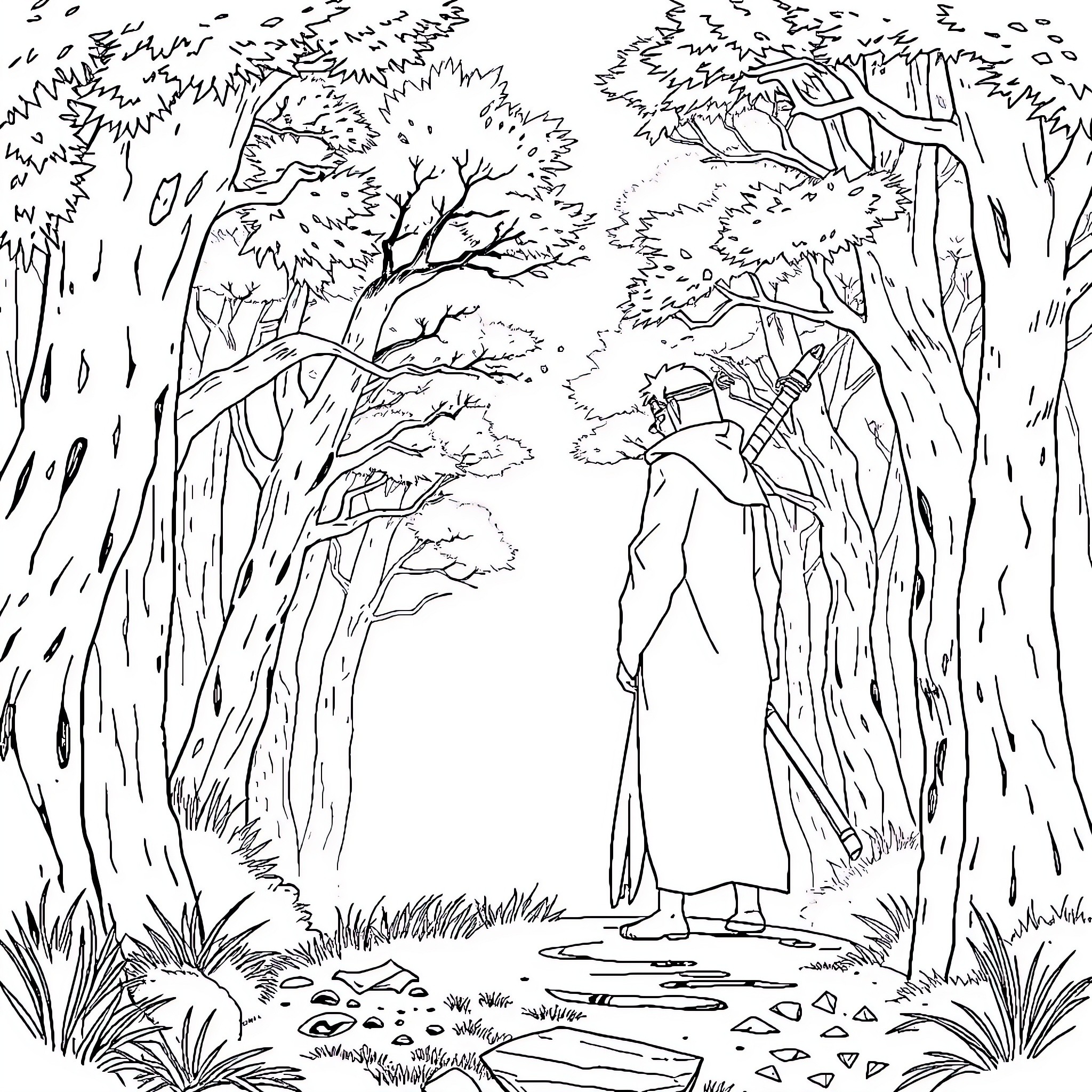 Itachi's Solitary Walk Through the Lush Forest Coloring Page (free black-and-white line drawing printable PDF for all, from beginners to advanced learners, including children, teens, adults, and seniors)