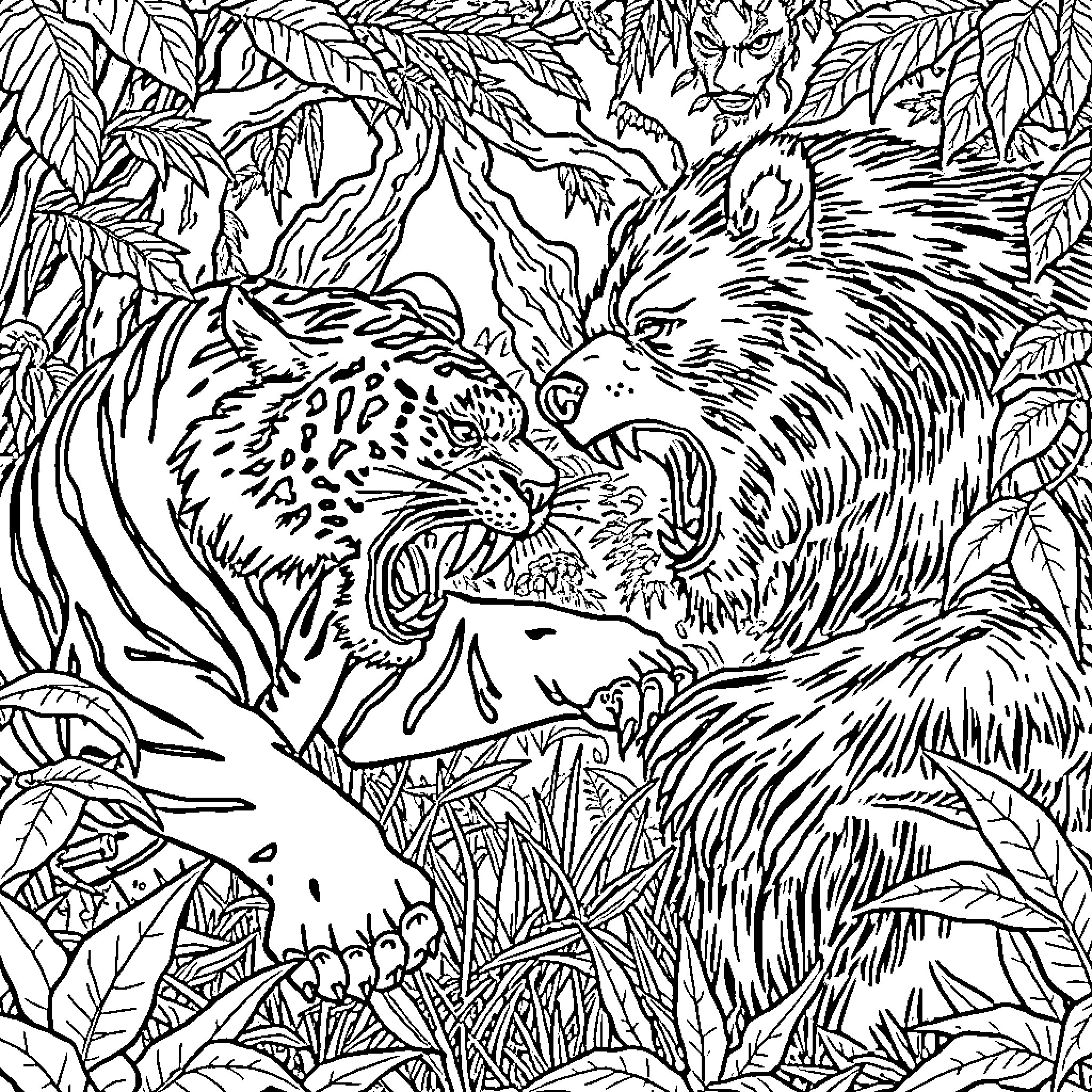 Tiger Ferocity Amid Jungle Foliage Coloring Page (free black-and-white line drawing printable PDF for all, from beginners to advanced learners, including children, teens, adults, and seniors)