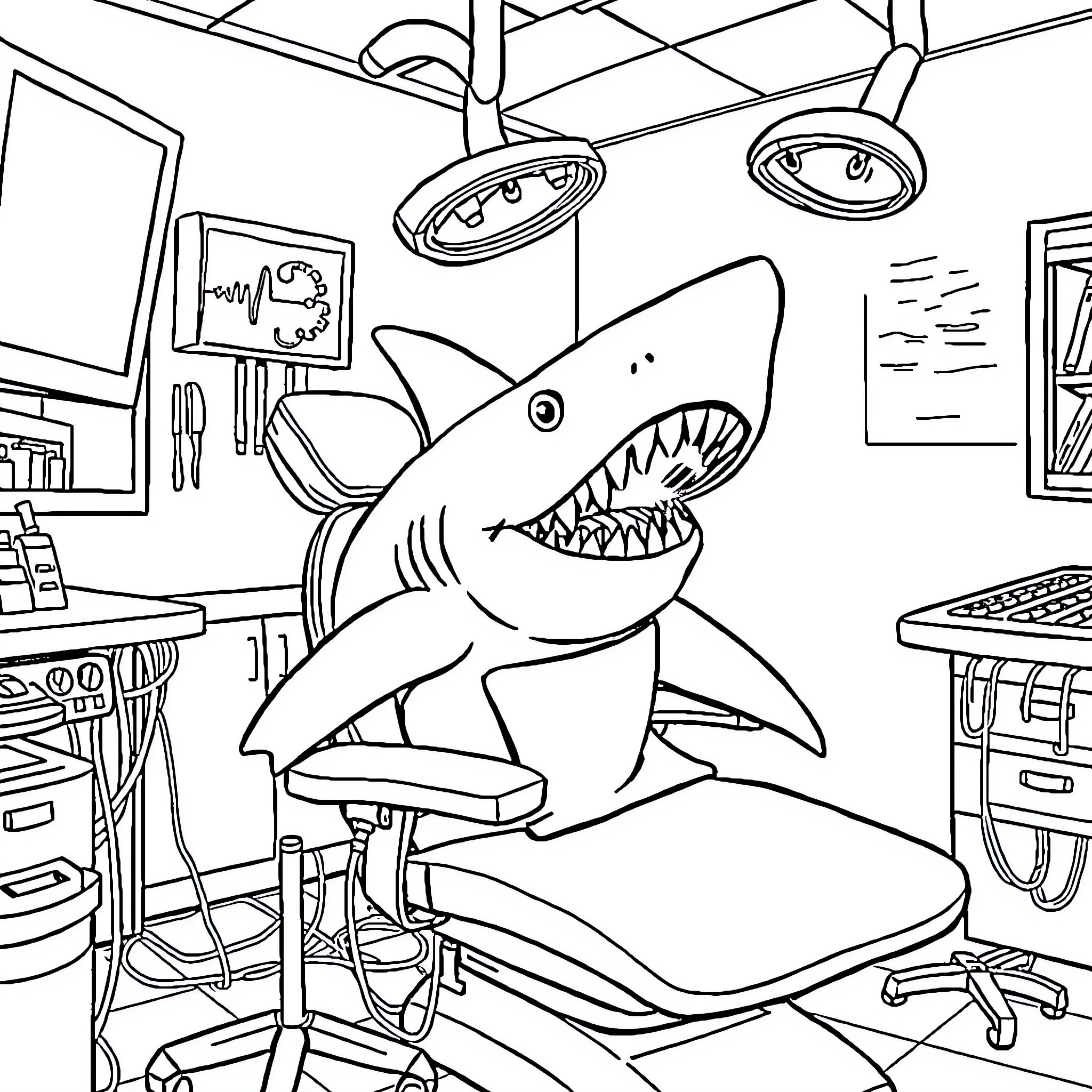 Shark in a medical examination room Coloring Page (free black-and-white line drawing printable PDF for all, from beginners to advanced learners, including children, teens, adults, and seniors)