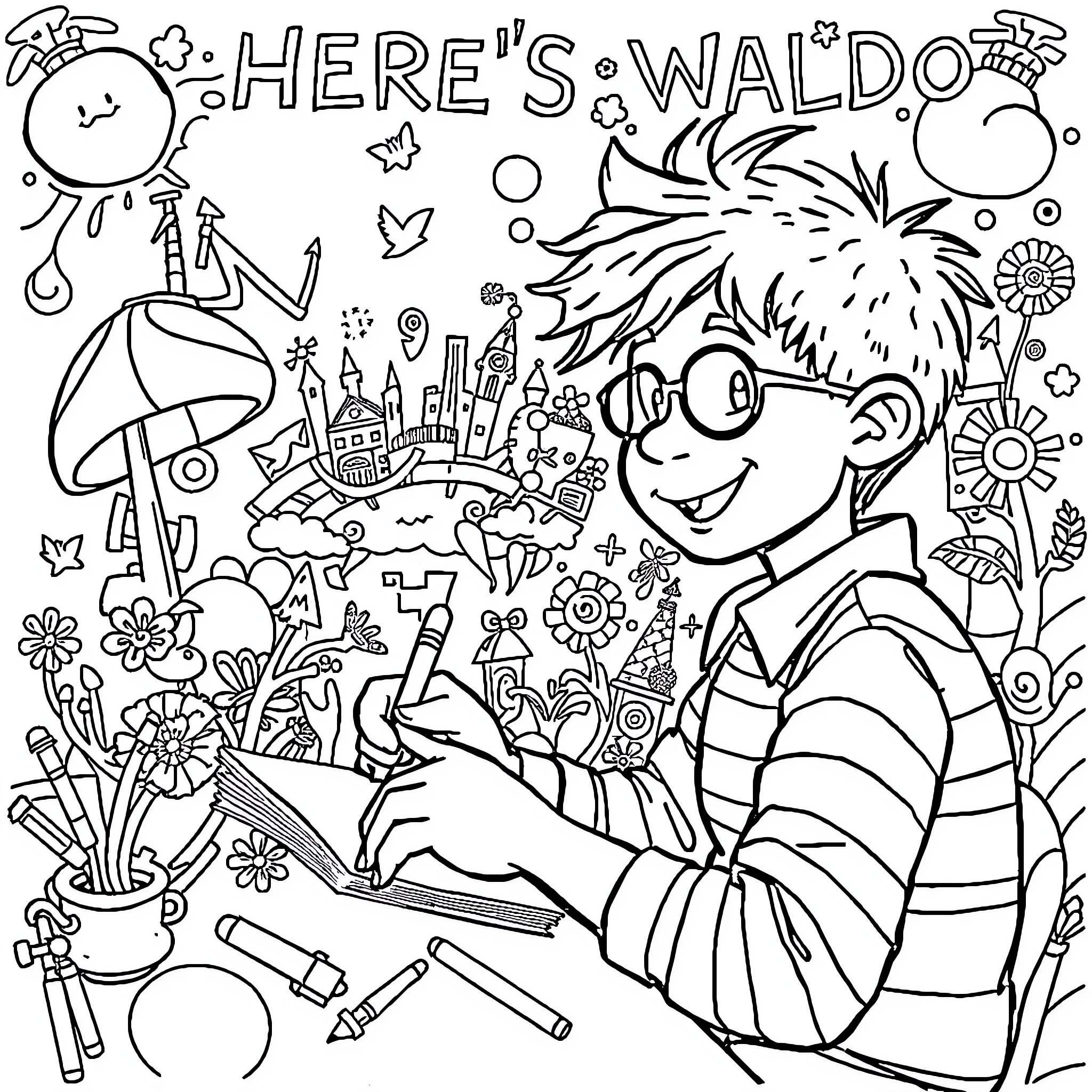 Boy in a whimsical fantasy world Coloring Page (free black-and-white line drawing printable PDF for all, from beginners to advanced learners, including children, teens, adults, and seniors)