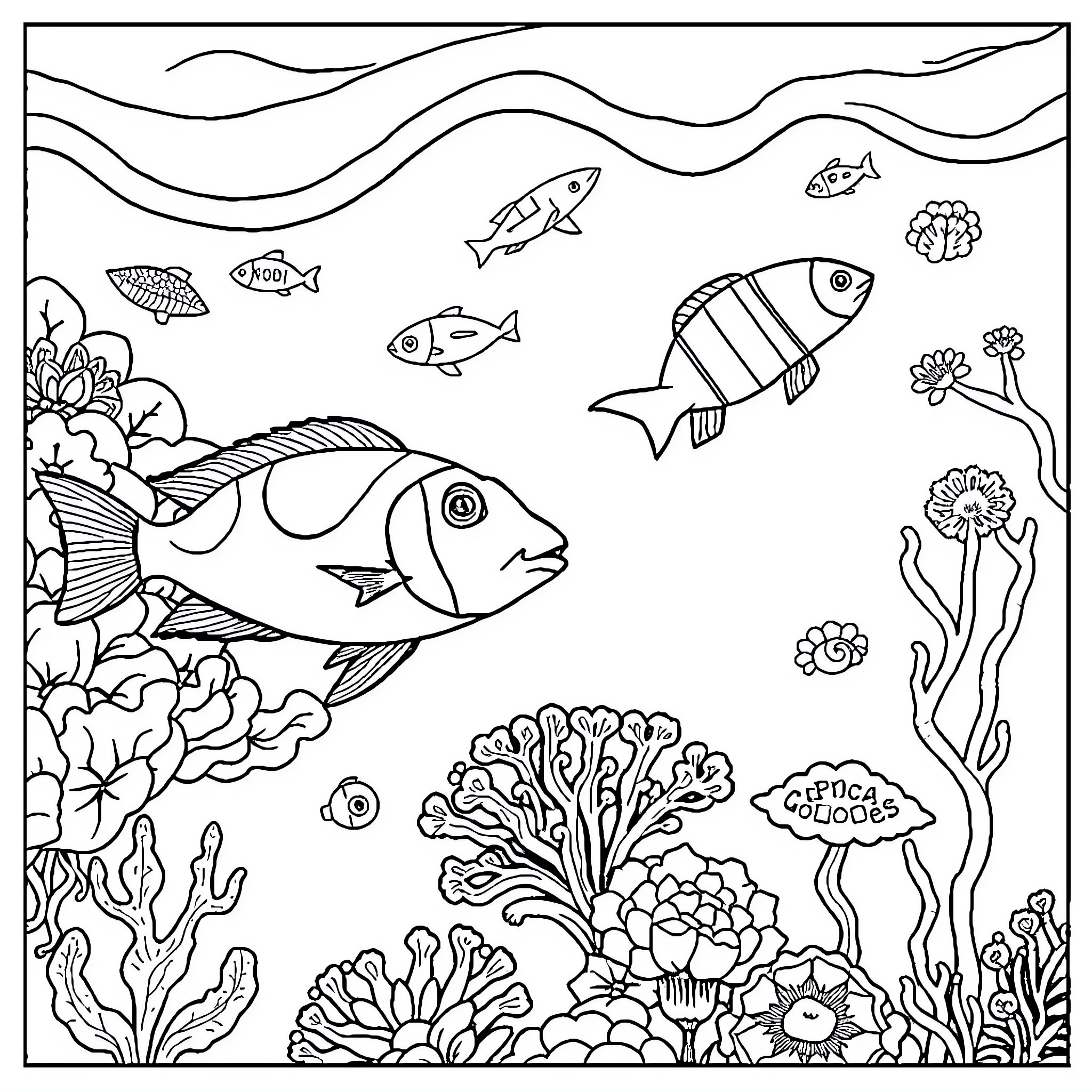 Marine Biology Illustration of Underwater Ocean Life Coloring Page (free black-and-white line drawing printable PDF for all, from beginners to advanced learners, including children, teens, adults, and seniors)