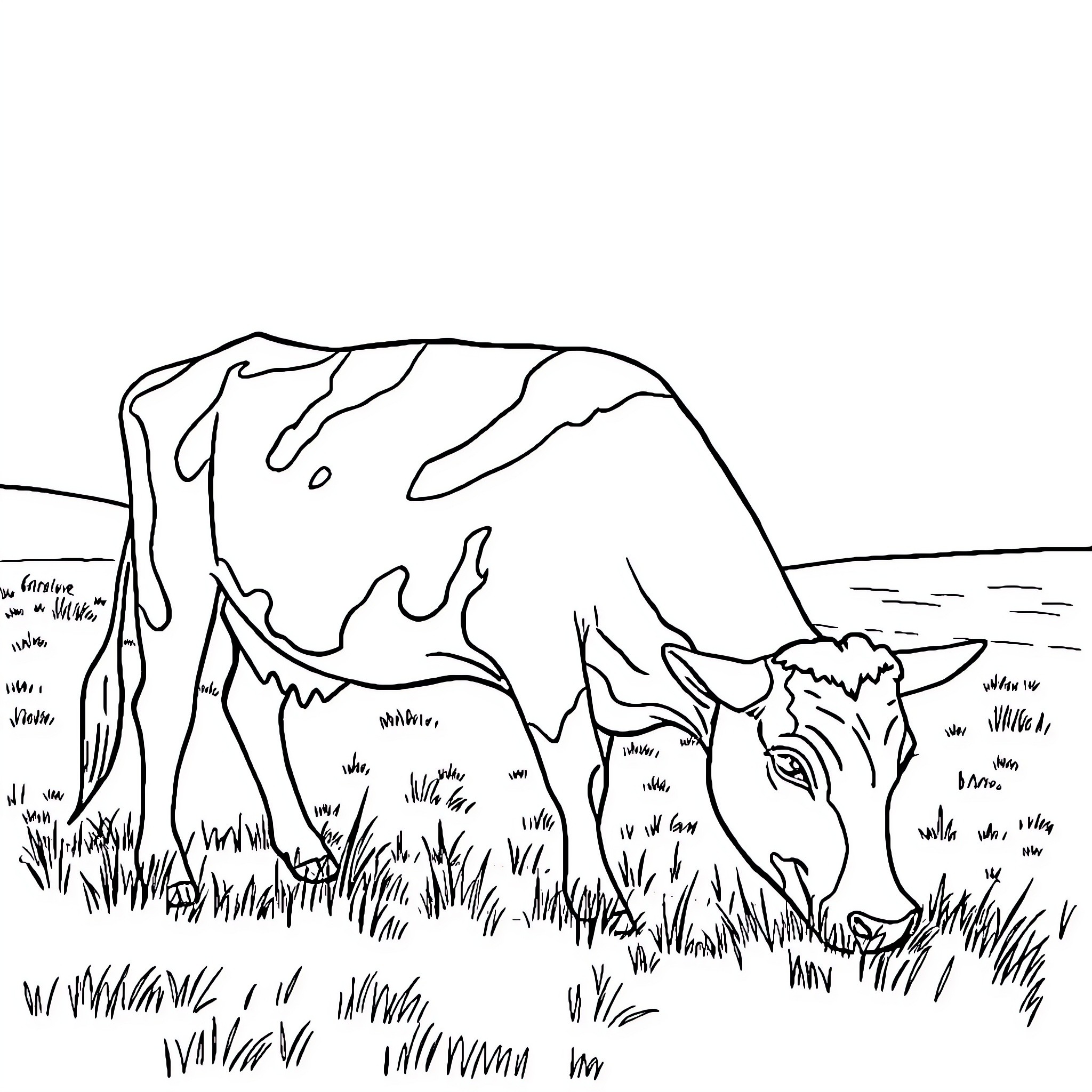 Cow grazing peacefully in a pastoral scene Coloring Page (free black-and-white line drawing printable PDF for all, from beginners to advanced learners, including children, teens, adults, and seniors)