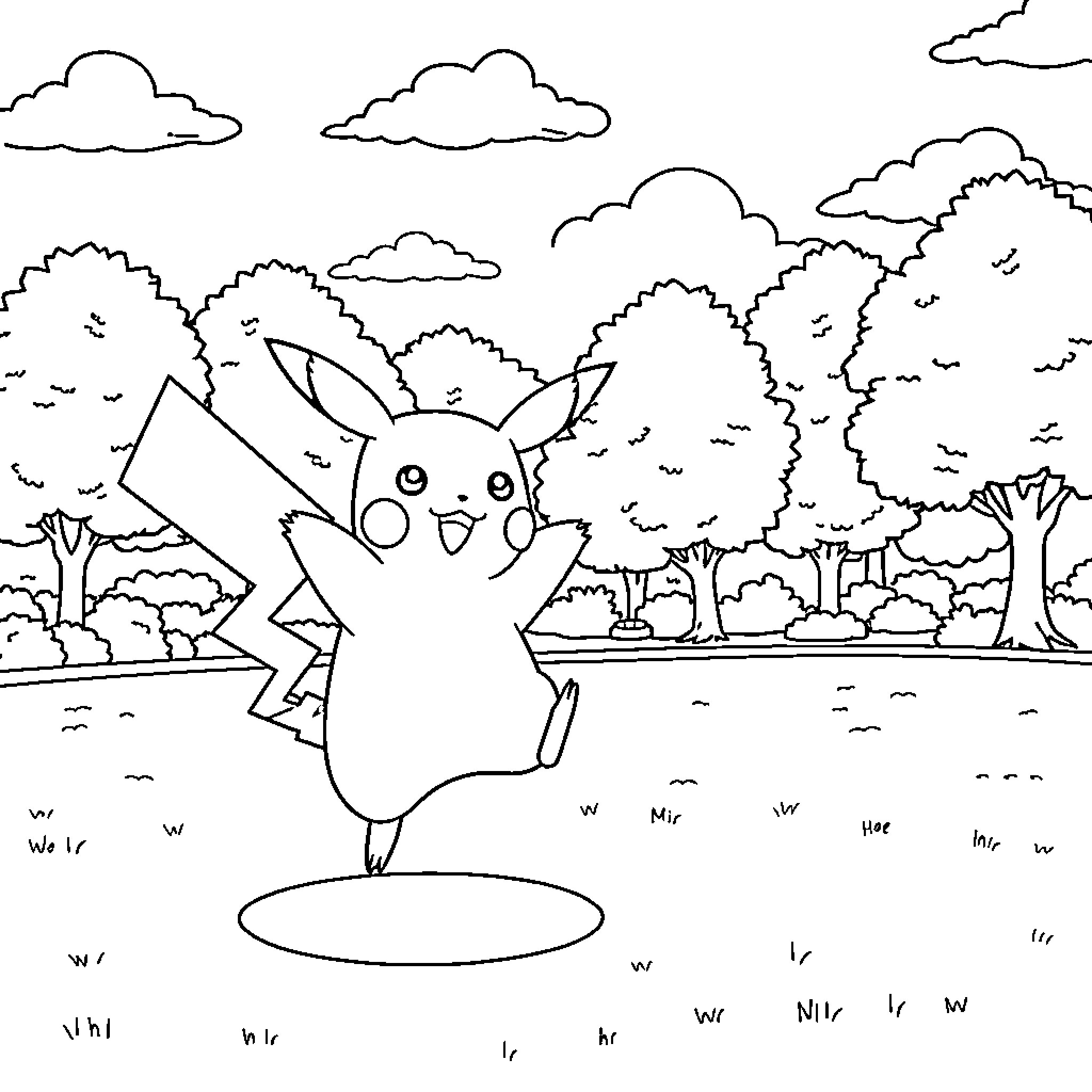 Pikachu cheerfully exploring the outdoor landscape Coloring Page (free black-and-white line drawing printable PDF for all, from beginners to advanced learners, including children, teens, adults, and seniors)