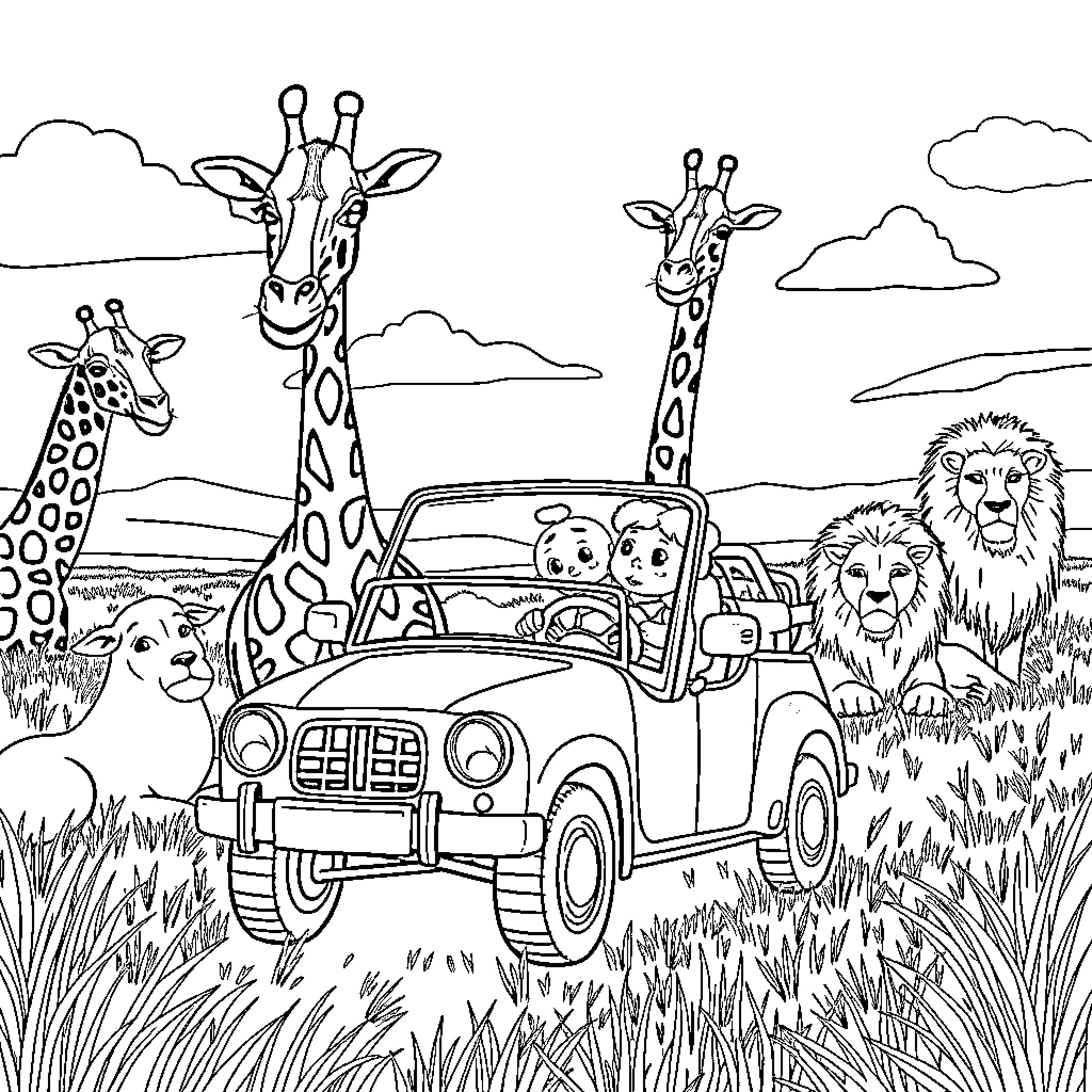 Baby animals explore the safari in a jeep Coloring Page (free black-and-white line drawing printable PDF for all, from beginners to advanced learners, including children, teens, adults, and seniors)