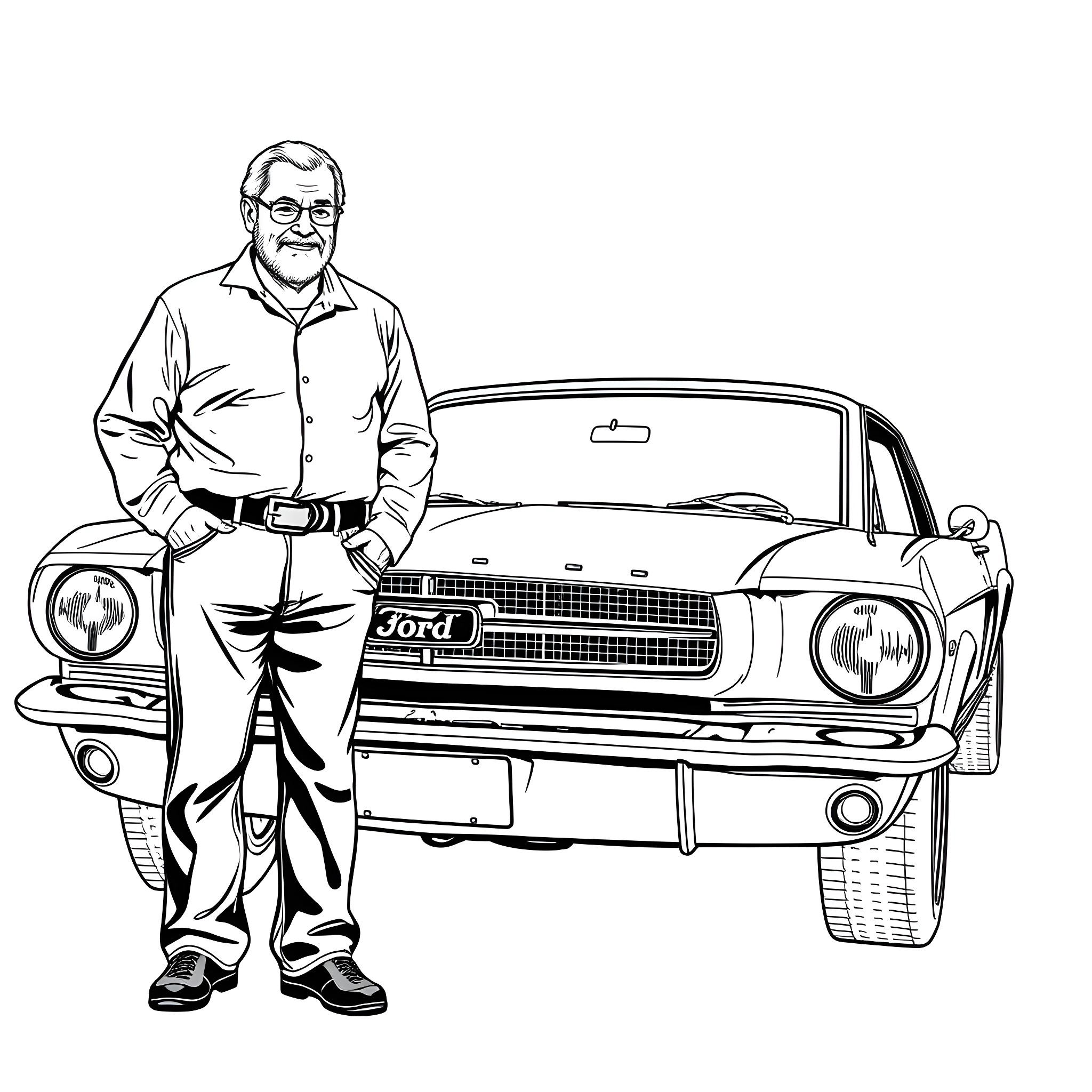 Ford Mustang owner posing confidently with his vintage car Coloring Page (free black-and-white line drawing printable PDF for all, from beginners to advanced learners, including children, teens, adults, and seniors)