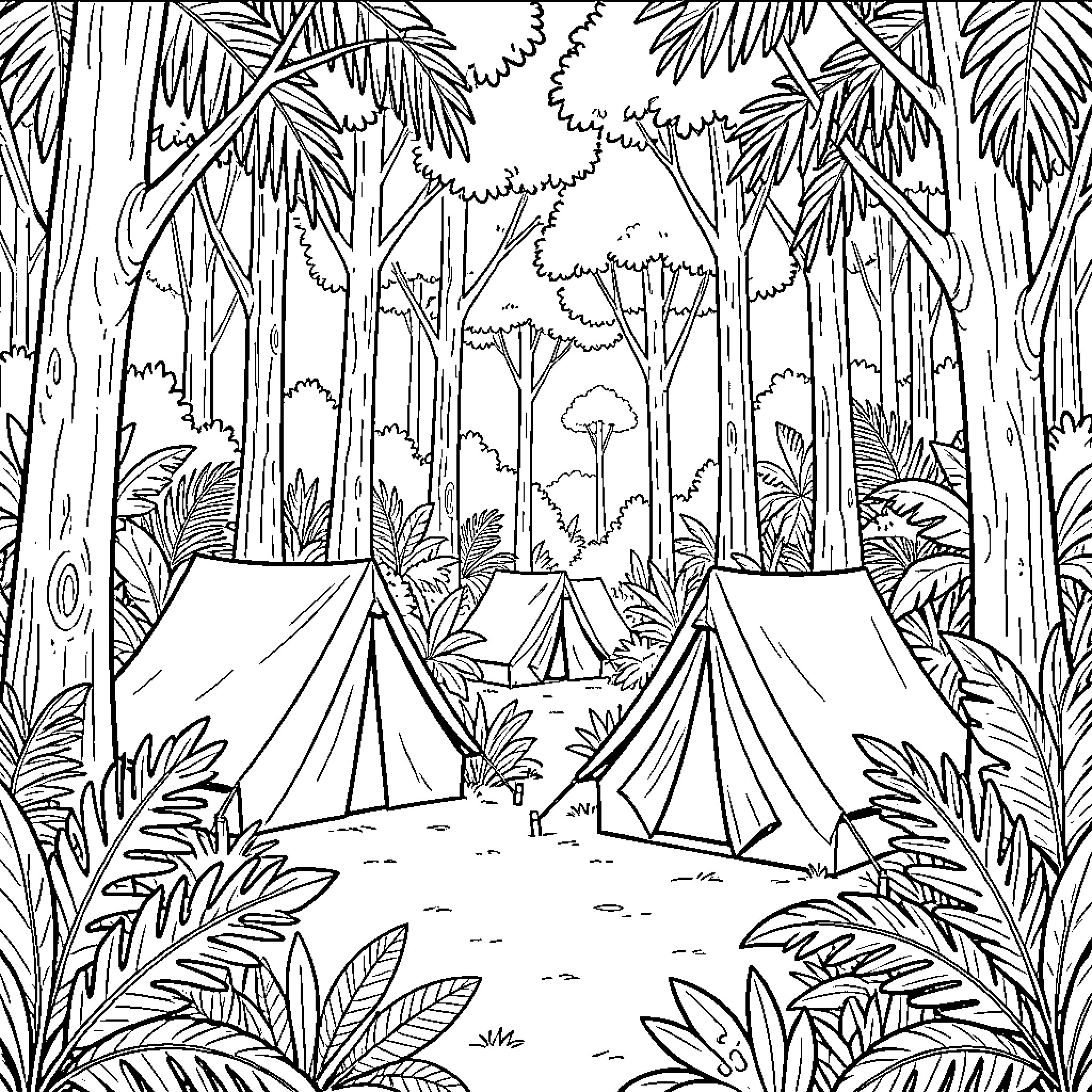 Camp tents set up in a lush forest clearing Coloring Page (free black-and-white line drawing printable PDF for all, from beginners to advanced learners, including children, teens, adults, and seniors)