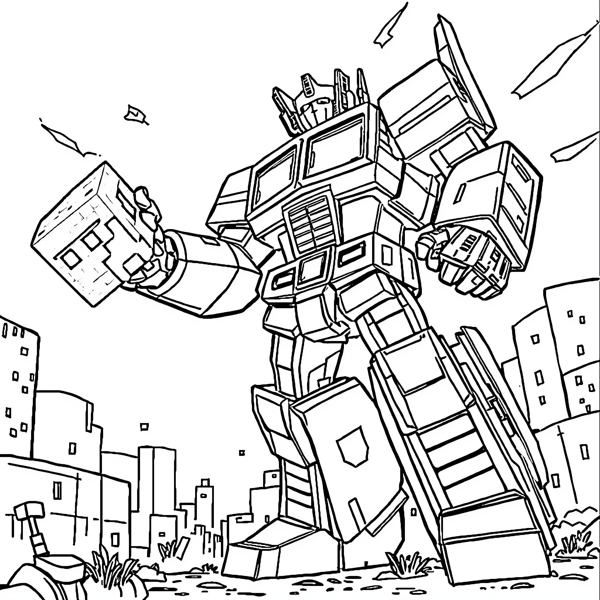 Optimus Prime defending the city from Decepticons Coloring Page (free black-and-white line drawing printable PDF for all, from beginners to advanced learners, including children, teens, adults, and seniors)
