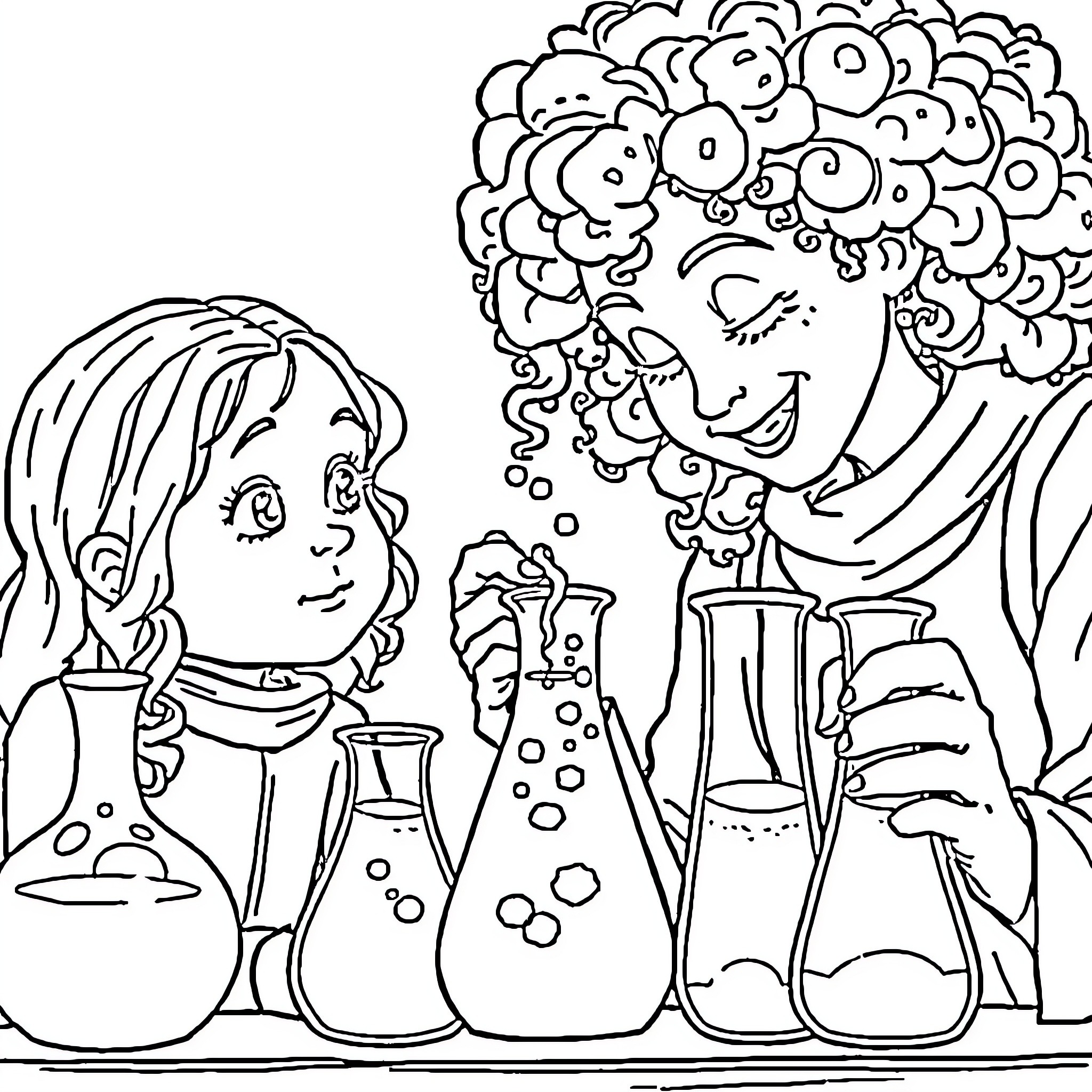 Hermione Granger Experimenting in the Potions Lab Coloring Page (free black-and-white line drawing printable PDF for all, from beginners to advanced learners, including children, teens, adults, and seniors)
