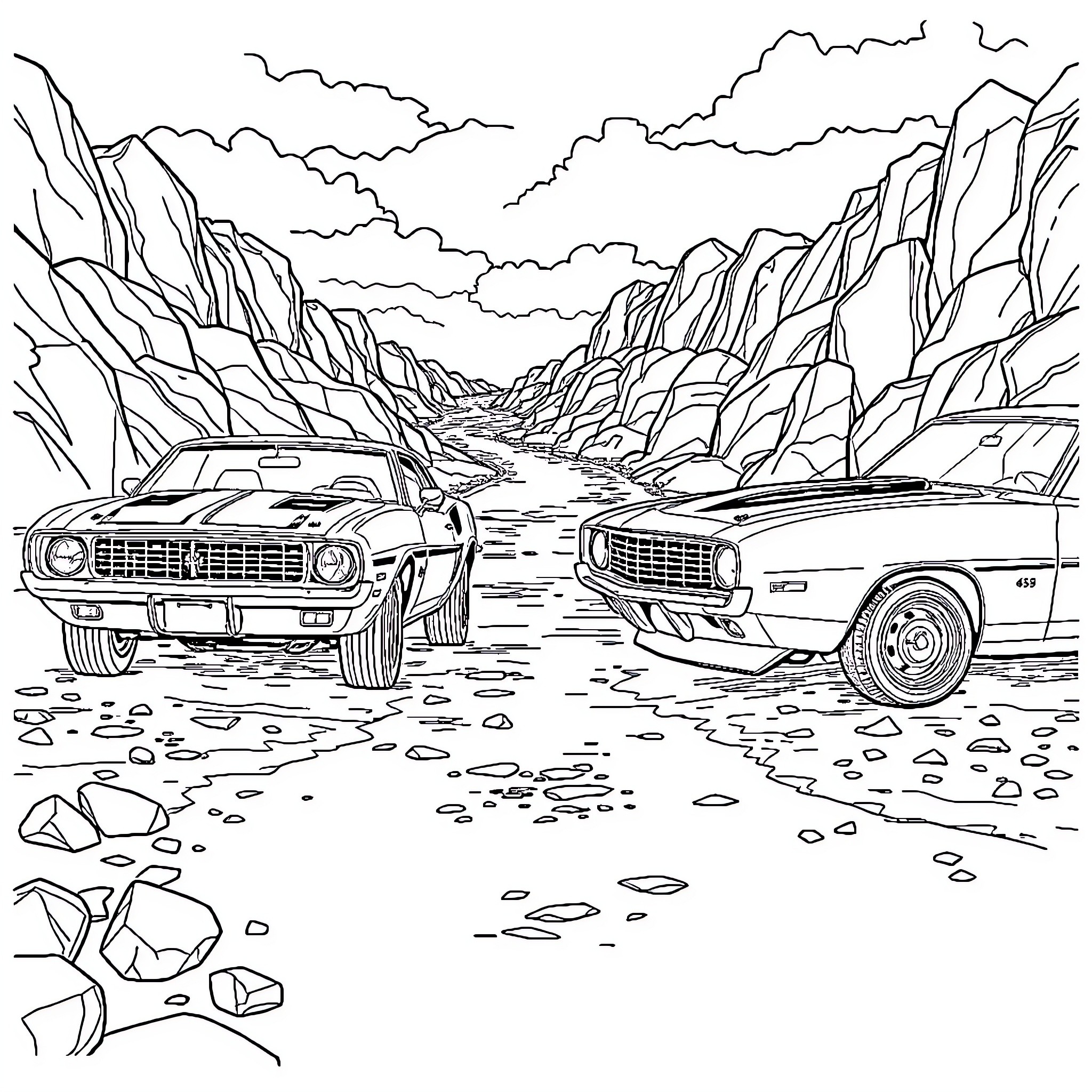 Ford muscle cars racing through rugged terrain Coloring Page (free black-and-white line drawing printable PDF for all, from beginners to advanced learners, including children, teens, adults, and seniors)