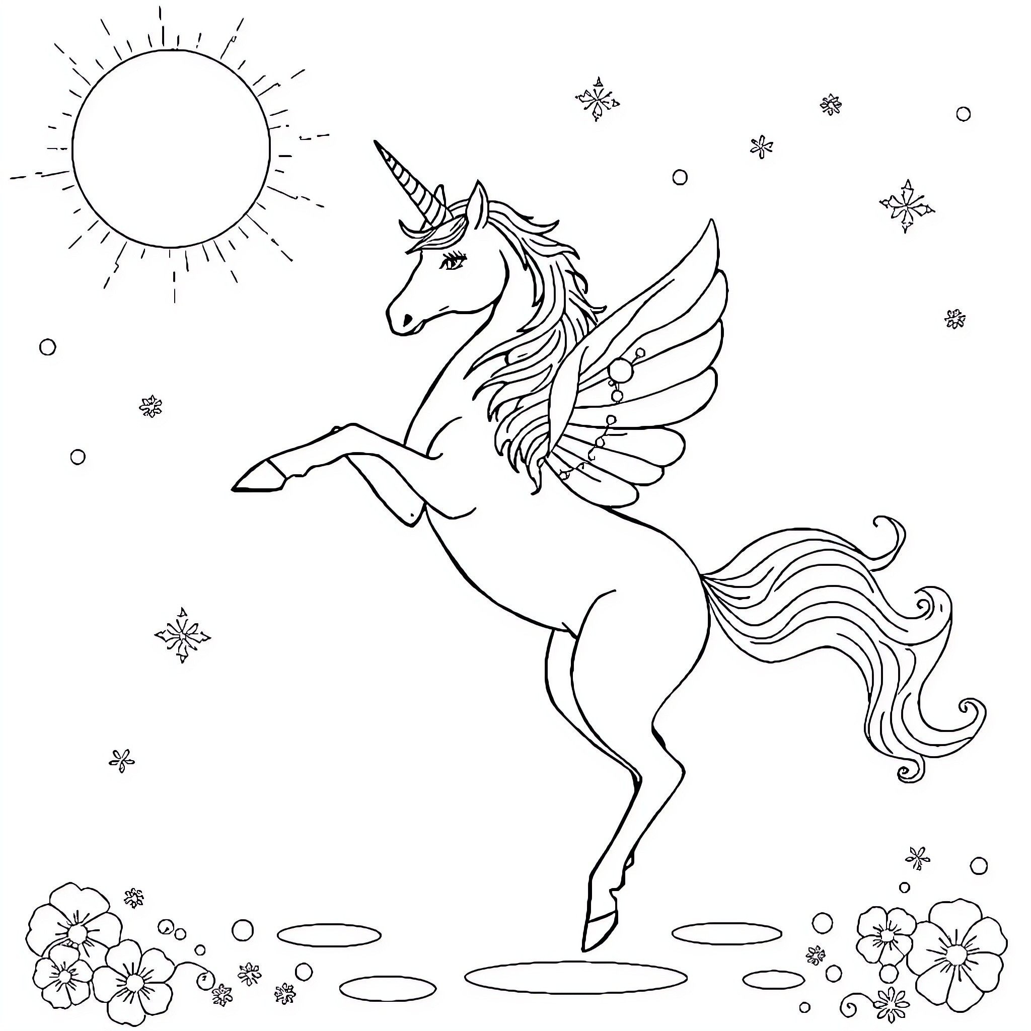 Unicorn soaring through the sky with flowers Coloring Page (free black-and-white line drawing printable PDF for all, from beginners to advanced learners, including children, teens, adults, and seniors)