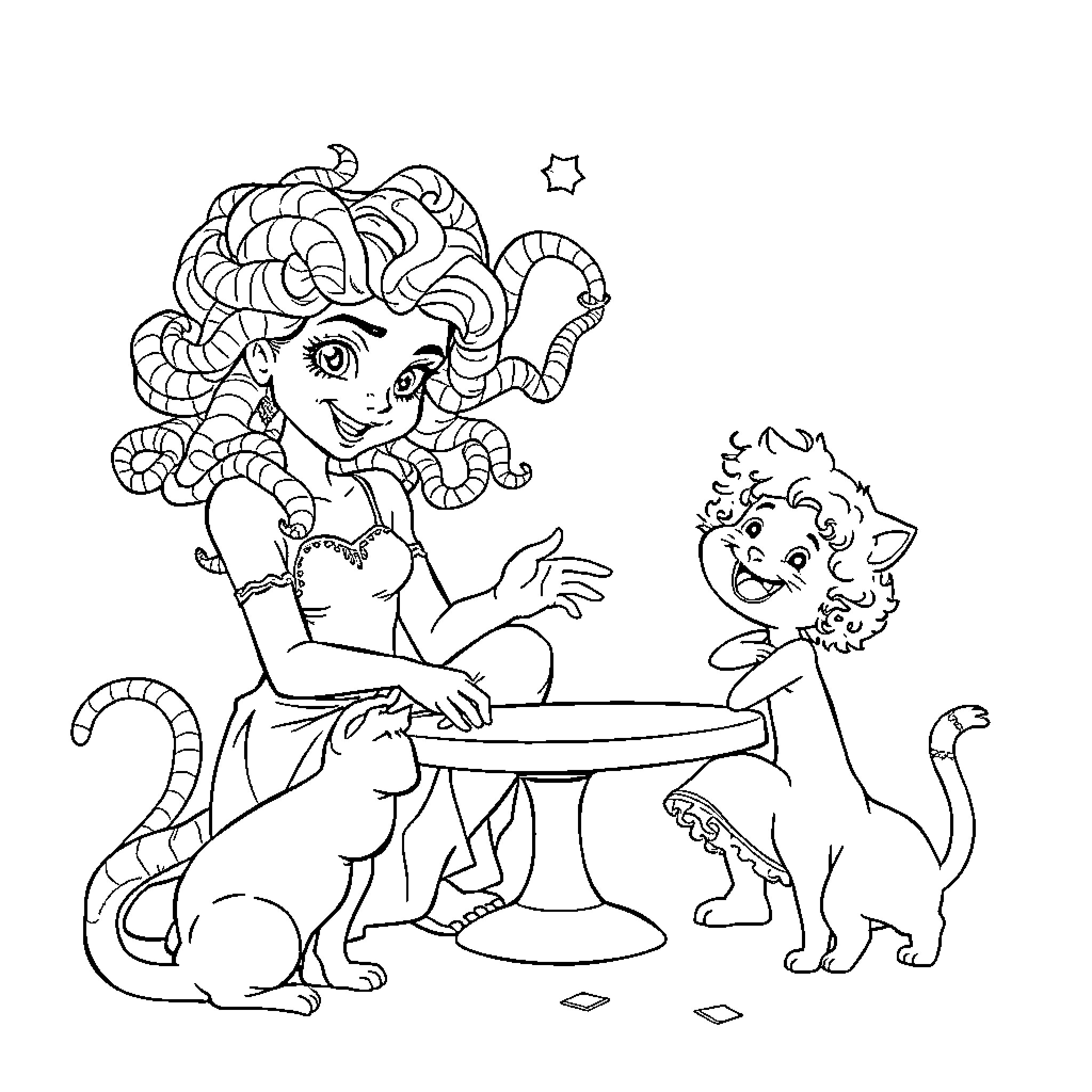 Medusa's Playful Encounter with Mythical Creatures Coloring Page (free black-and-white line drawing printable PDF for all, from beginners to advanced learners, including children, teens, adults, and seniors)