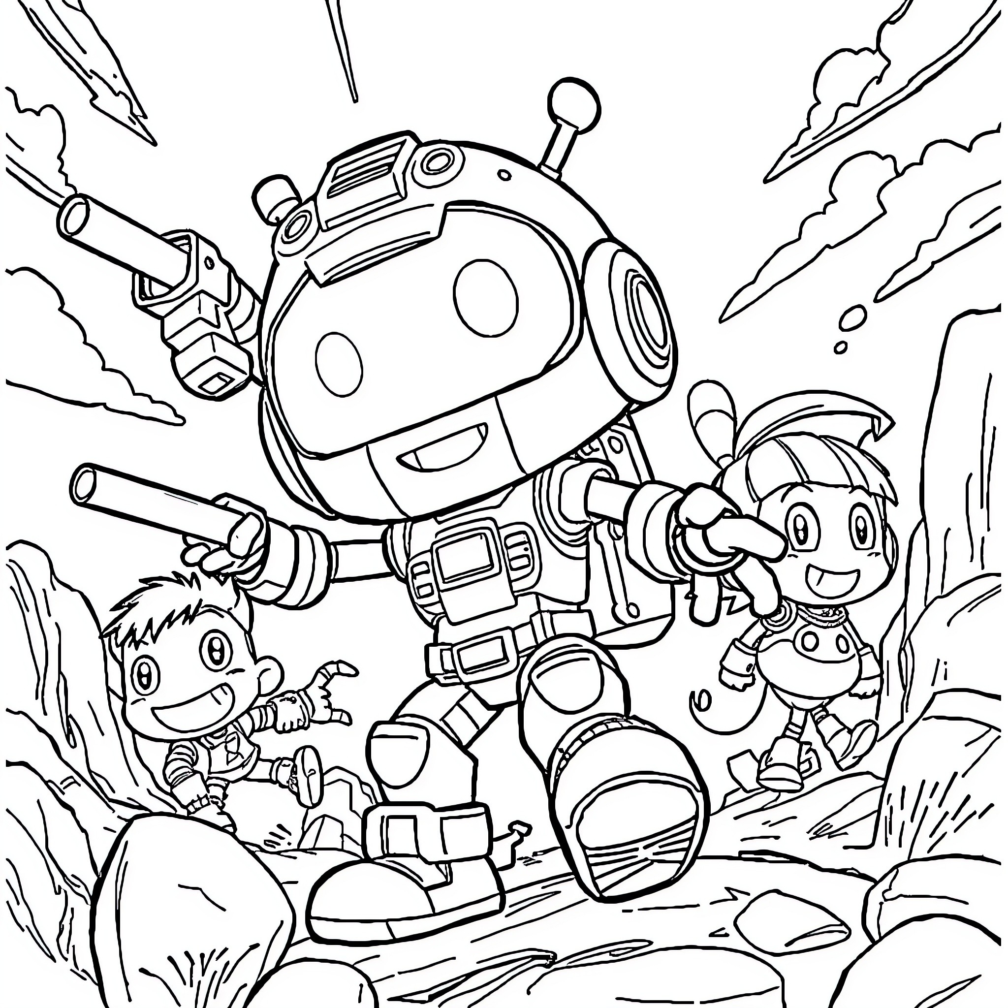 Asroboy and friends on an adventure Coloring Page (free black-and-white line drawing printable PDF for all, from beginners to advanced learners, including children, teens, adults, and seniors)