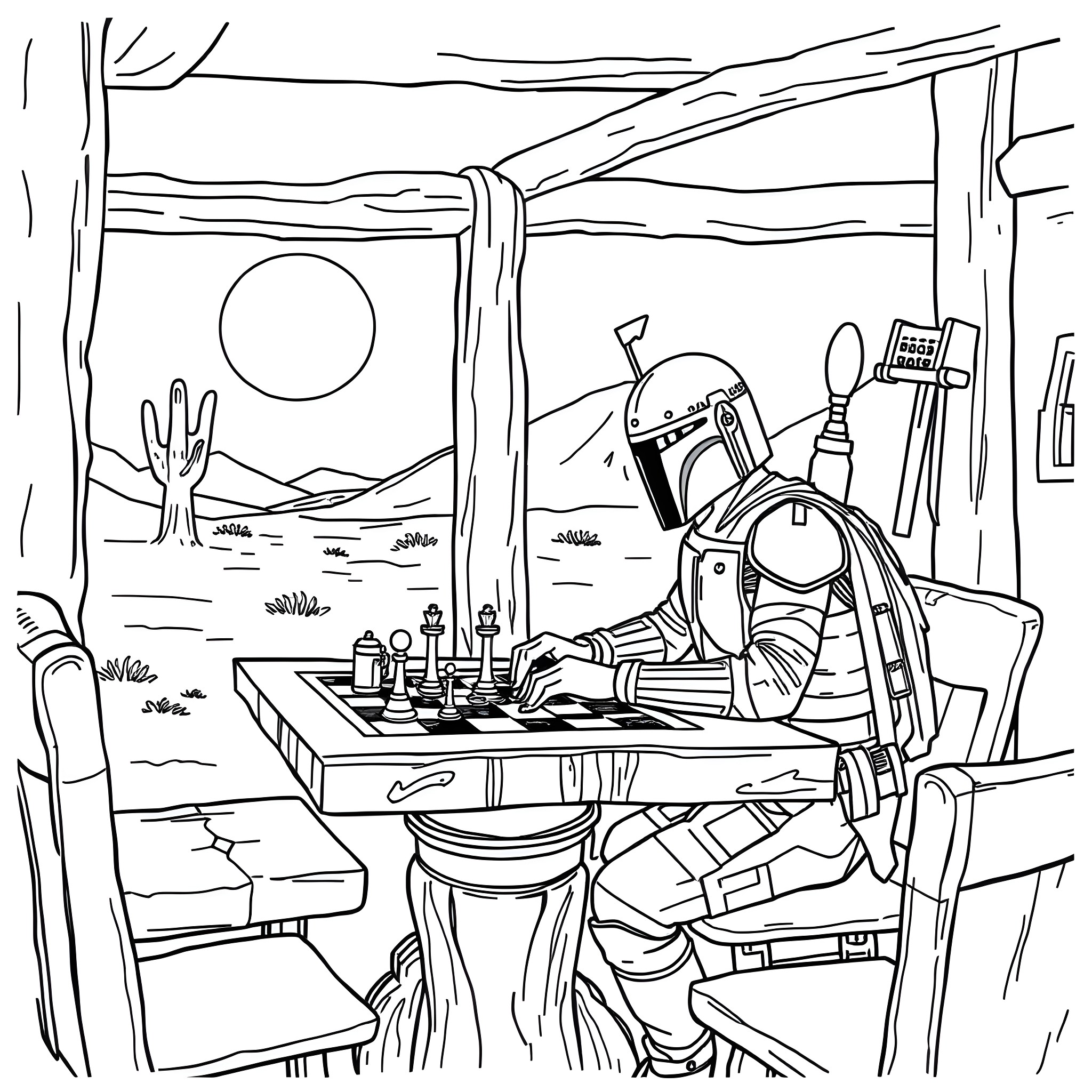Boba Fett playing chess in the desert Coloring Page (free black-and-white line drawing printable PDF for all, from beginners to advanced learners, including children, teens, adults, and seniors)