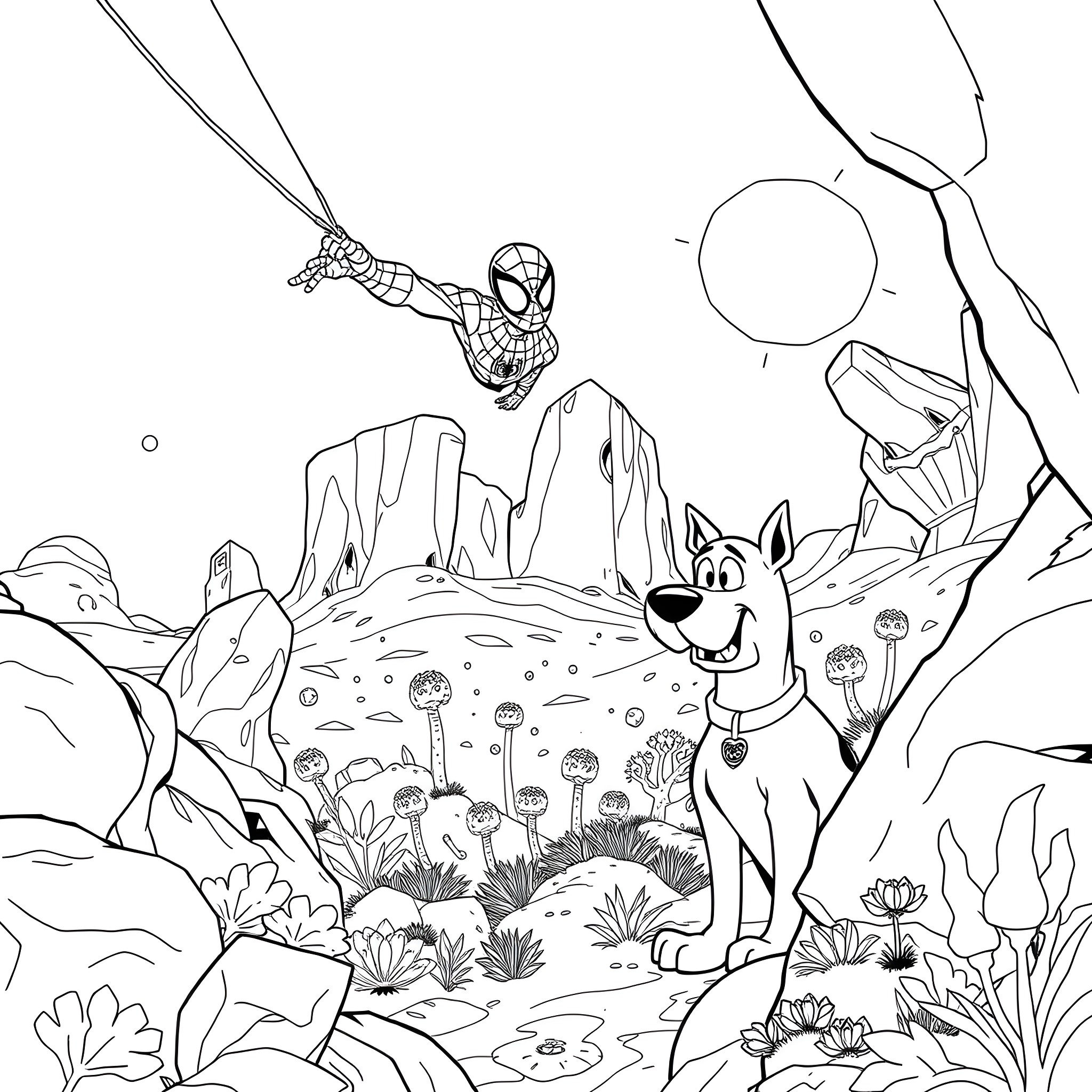 Spider-Man swinging through a surreal landscape with a dog Coloring Page (free black-and-white line drawing printable PDF for all, from beginners to advanced learners, including children, teens, adults, and seniors)