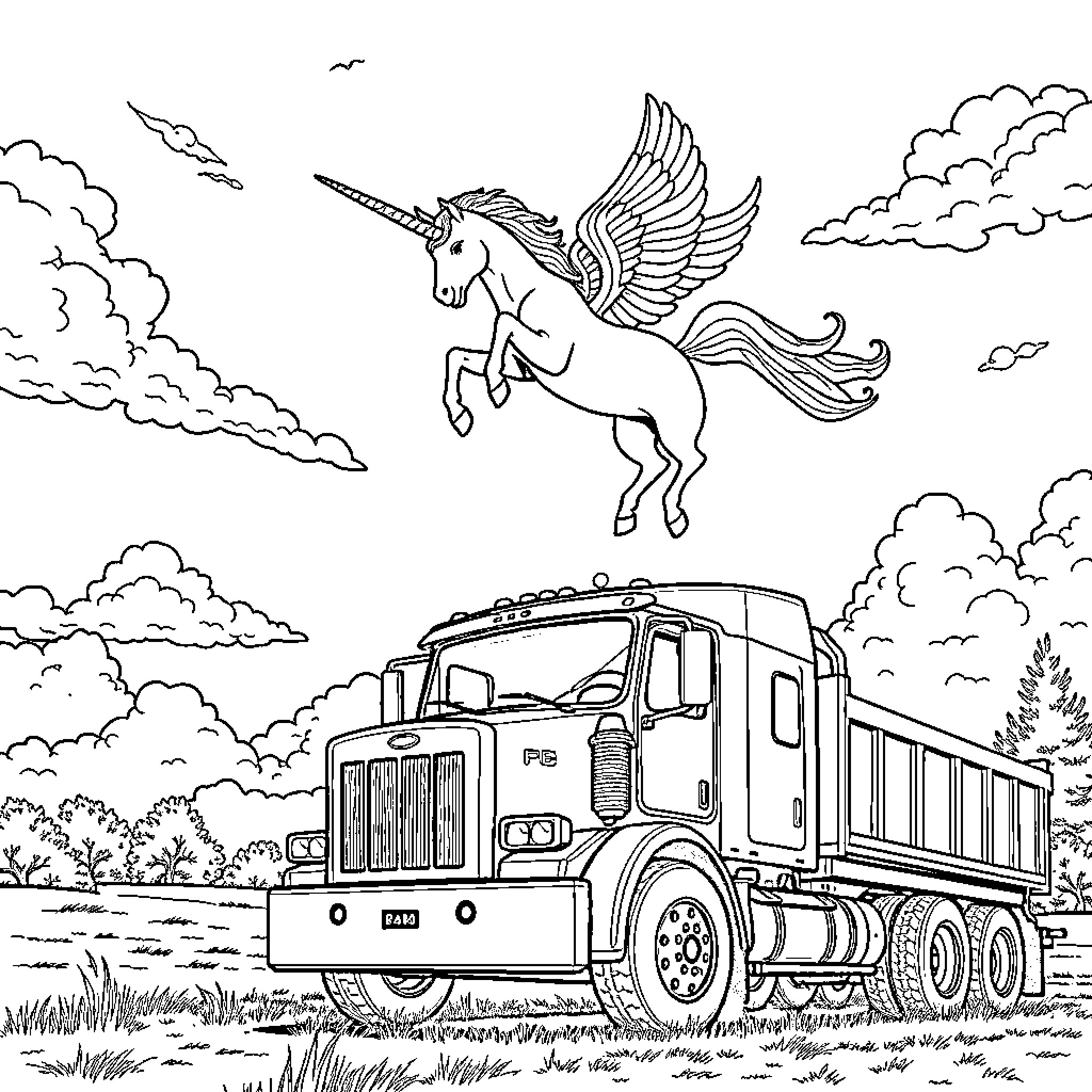 Unicorn soaring above a majestic truck in the countryside Coloring Page (free black-and-white line drawing printable PDF for all, from beginners to advanced learners, including children, teens, adults, and seniors)