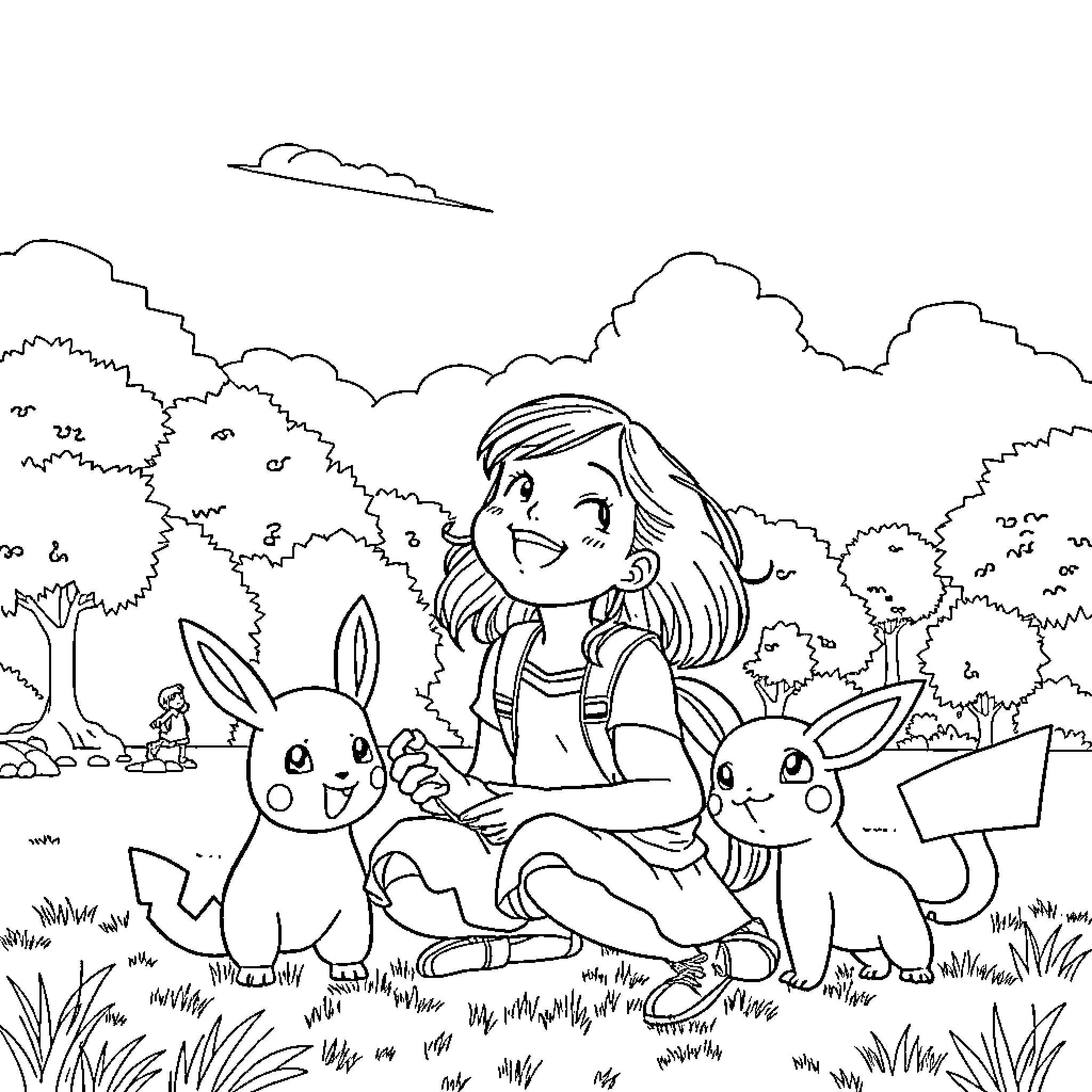 Girl interacts joyfully with rabbits in serene nature Coloring Page (free black-and-white line drawing printable PDF for all, from beginners to advanced learners, including children, teens, adults, and seniors)