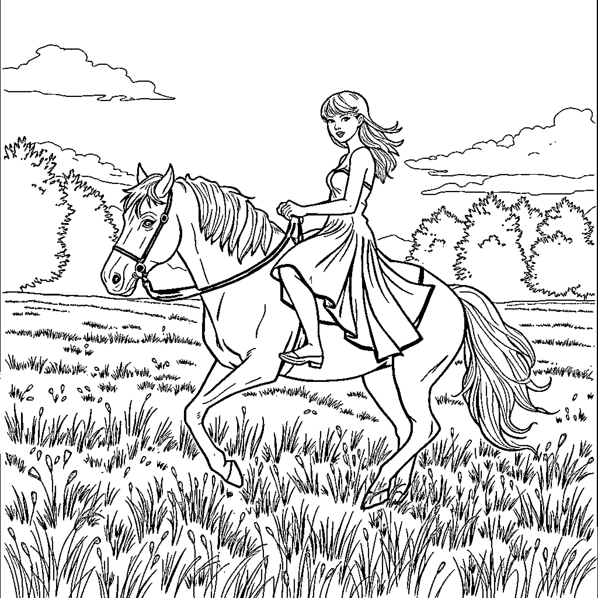 Taylor Swift riding a horse through a countryside landscape Coloring Page (free black-and-white line drawing printable PDF for all, from beginners to advanced learners, including children, teens, adults, and seniors)