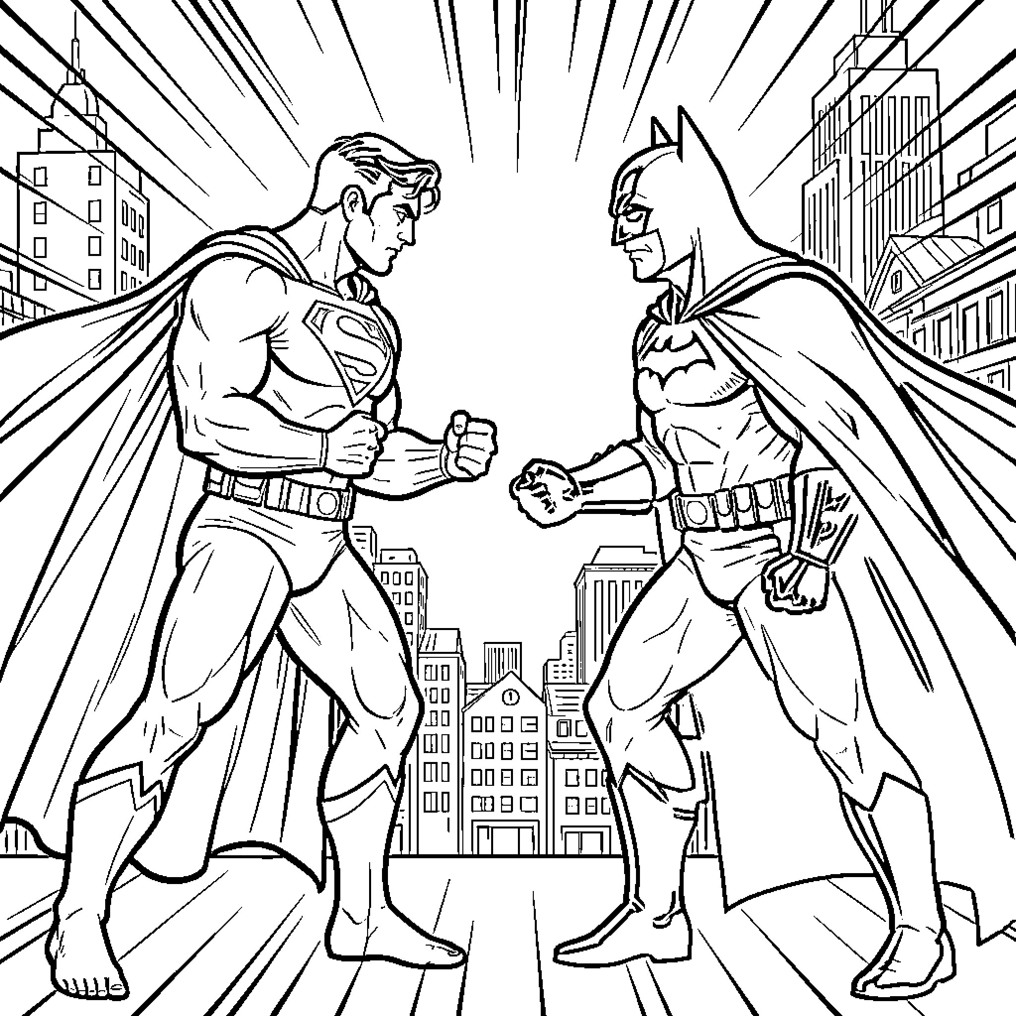Superman facing off against Batman in a city battle Coloring Page (free black-and-white line drawing printable PDF for all, from beginners to advanced learners, including children, teens, adults, and seniors)