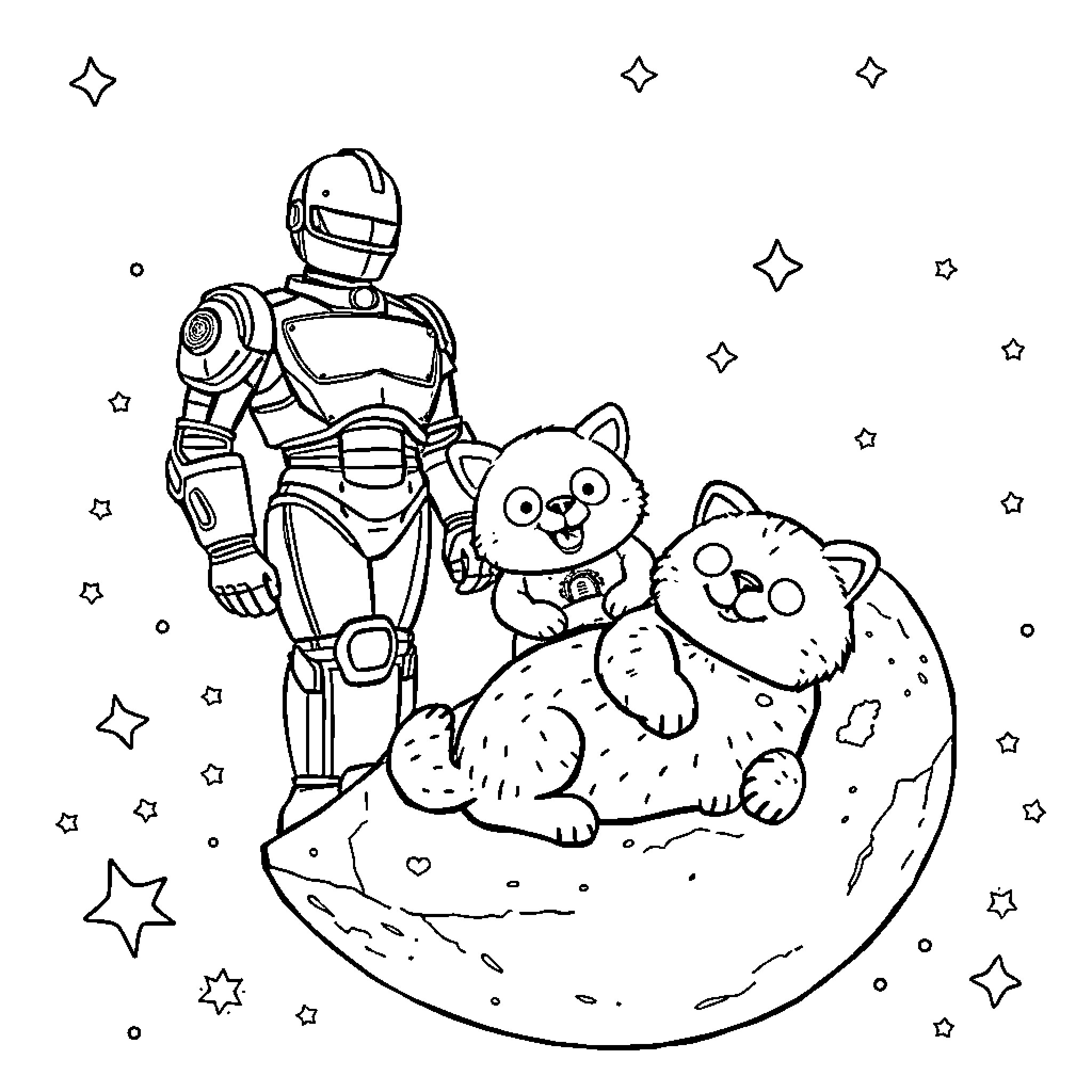 Robocop and Furry Companions in the Cosmos Coloring Page (free black-and-white line drawing printable PDF for all, from beginners to advanced learners, including children, teens, adults, and seniors)