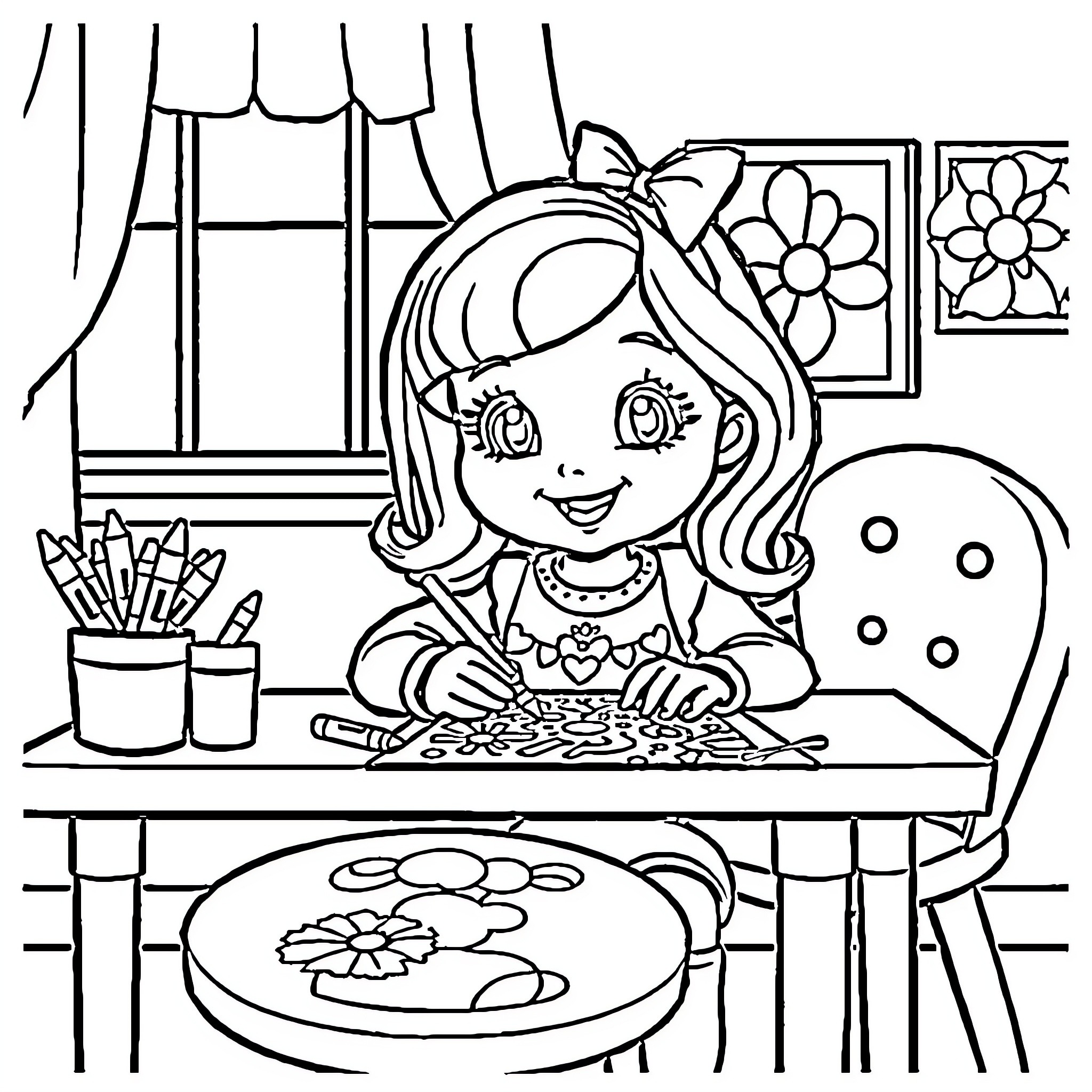 Gabby Dollhouse: Girl Coloring Flowers in Her Room Coloring Page (free black-and-white line drawing printable PDF for all, from beginners to advanced learners, including children, teens, adults, and seniors)