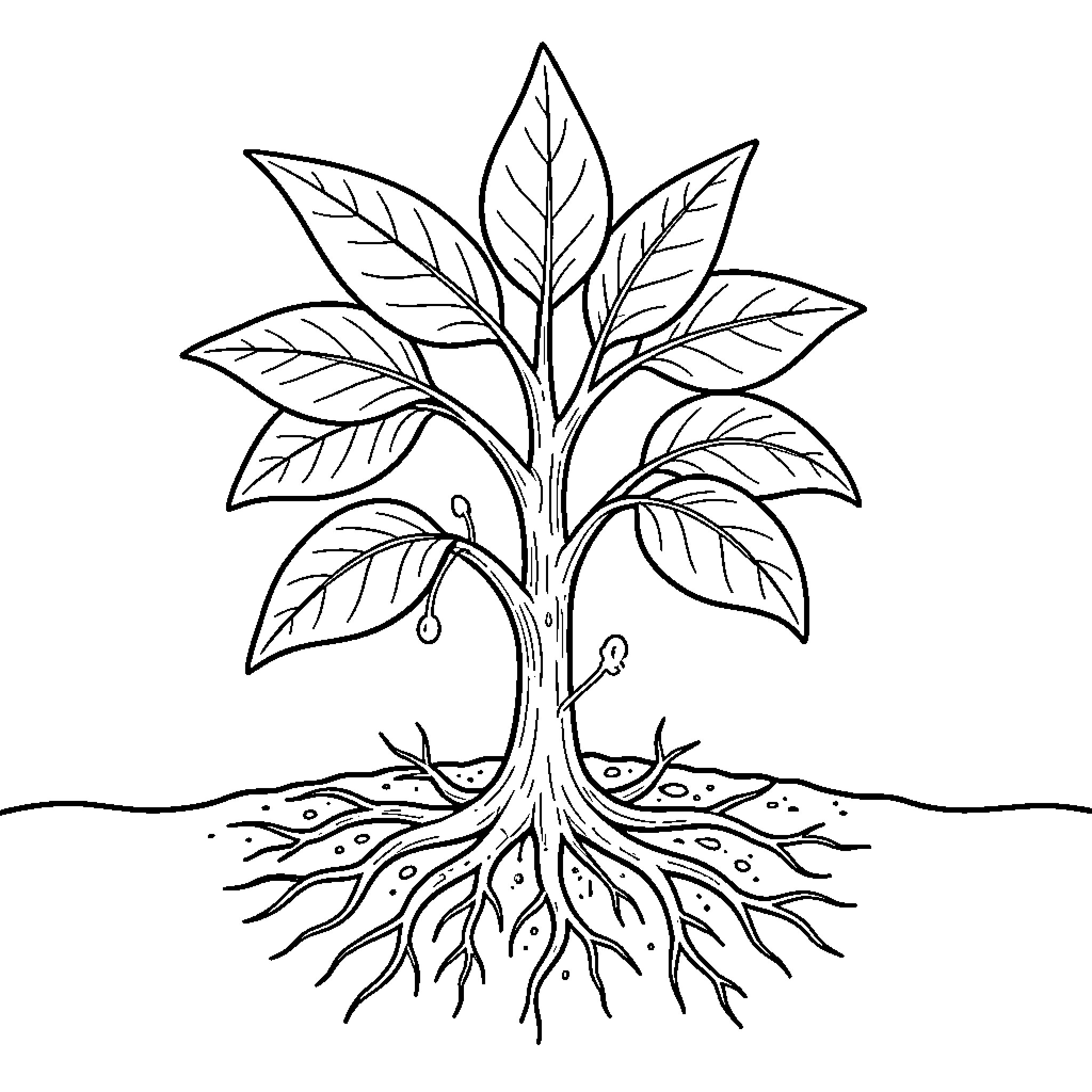 Plant growing with leaves and roots in the soil Coloring Page (free black-and-white line drawing printable PDF for all, from beginners to advanced learners, including children, teens, adults, and seniors)