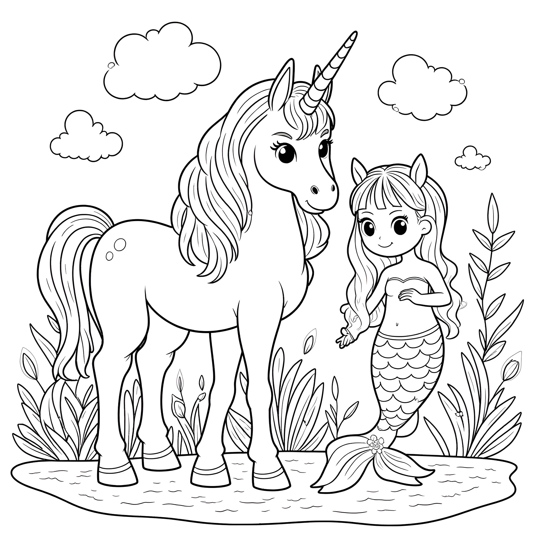 Unicorn and Mermaid Encounter in Enchanted Meadow Coloring Page (free black-and-white line drawing printable PDF for all, from beginners to advanced learners, including children, teens, adults, and seniors)