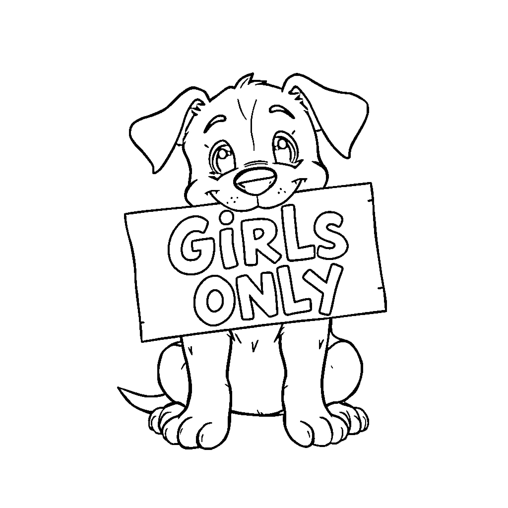 Puppy with 'Girls Only' sign Coloring Page (free black-and-white line drawing printable PDF for all, from beginners to advanced learners, including children, teens, adults, and seniors)