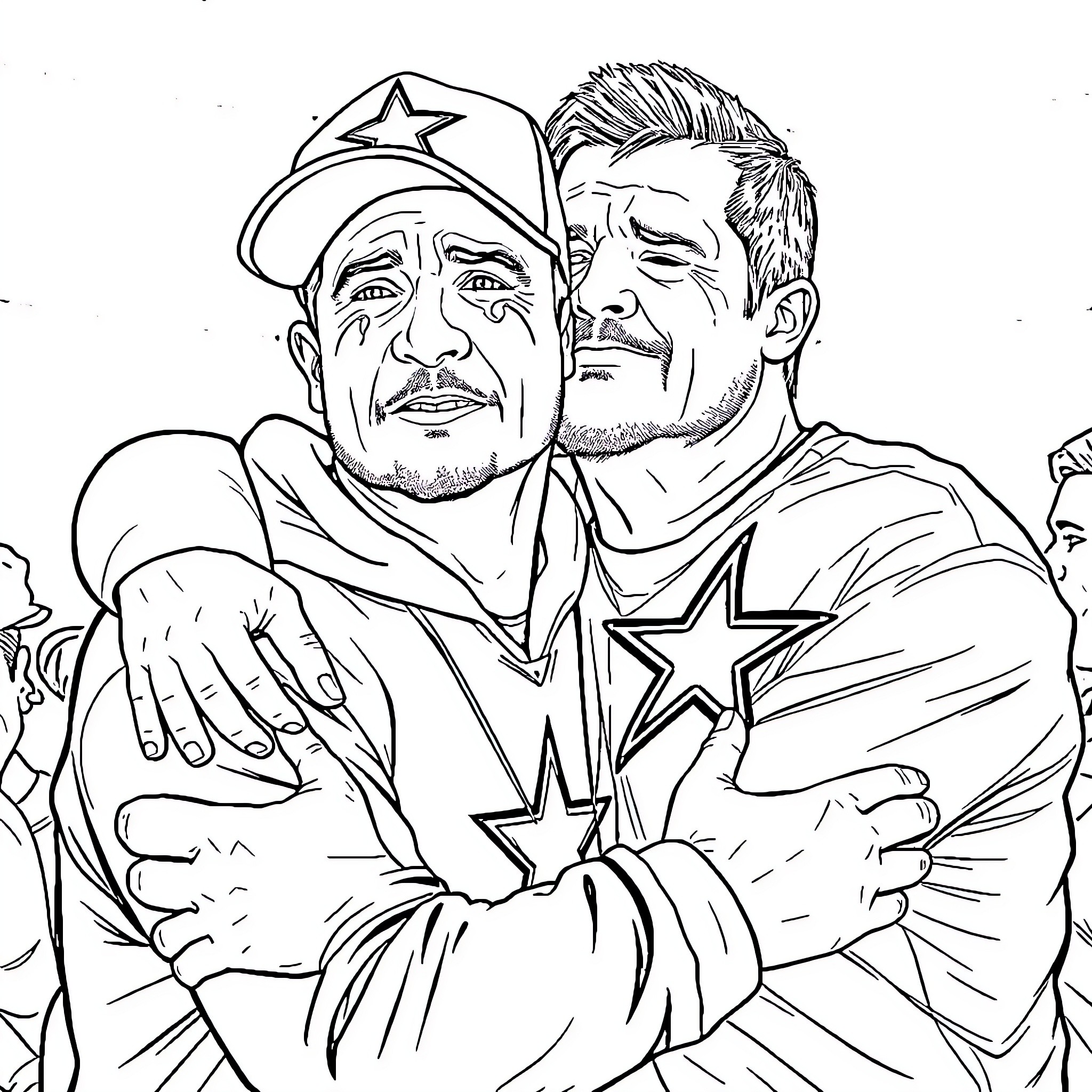 Dallas Cowboys Fans Celebrating Victory Coloring Page (free black-and-white line drawing printable PDF for all, from beginners to advanced learners, including children, teens, adults, and seniors)