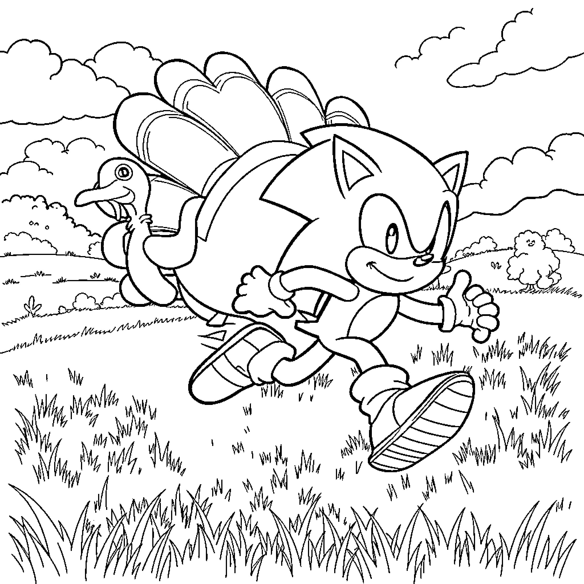Sonic's adventurous run through the scenic landscape Coloring Page (free black-and-white line drawing printable PDF for all, from beginners to advanced learners, including children, teens, adults, and seniors)