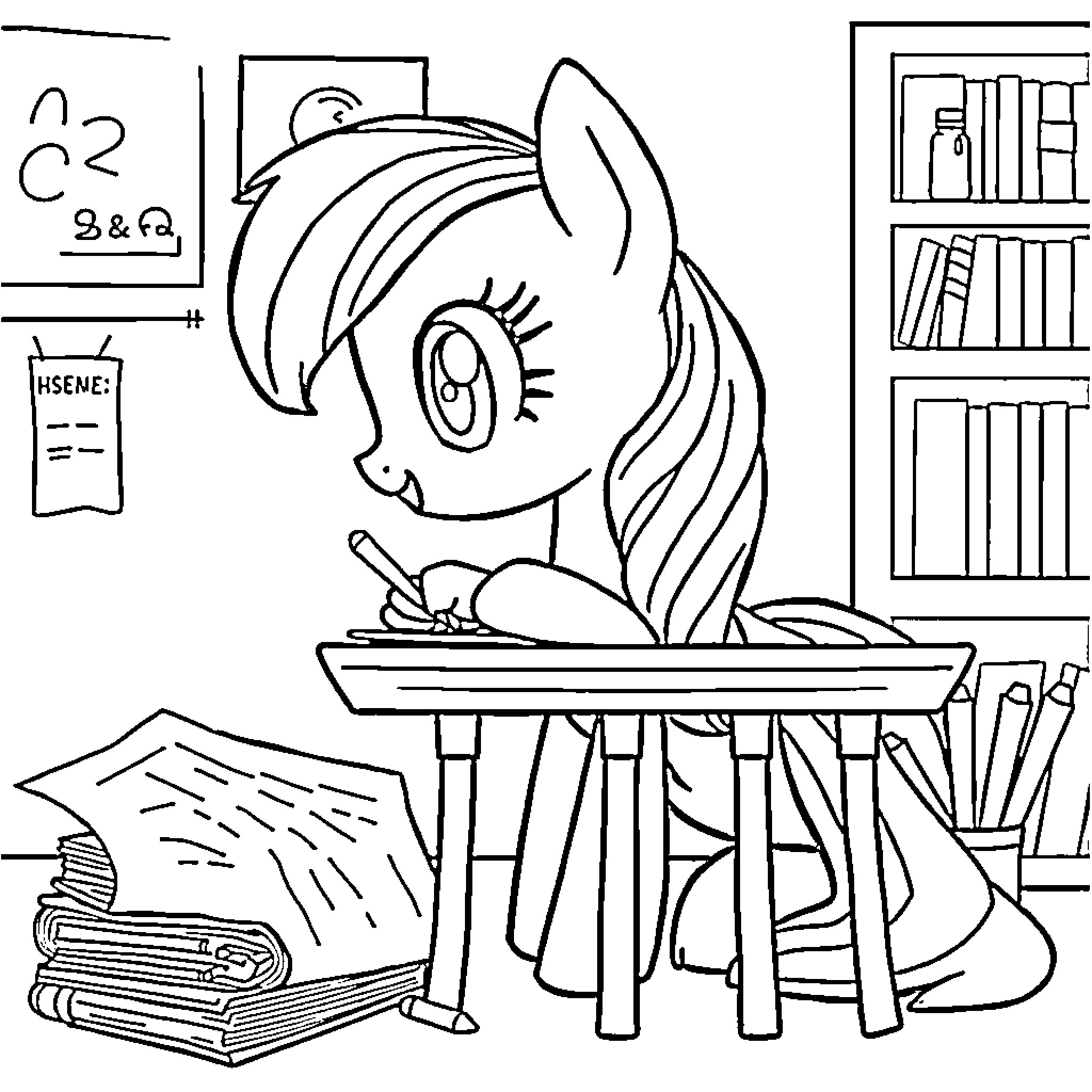 Rainbow Dash Studying in the Library Coloring Page (free black-and-white line drawing printable PDF for all, from beginners to advanced learners, including children, teens, adults, and seniors)