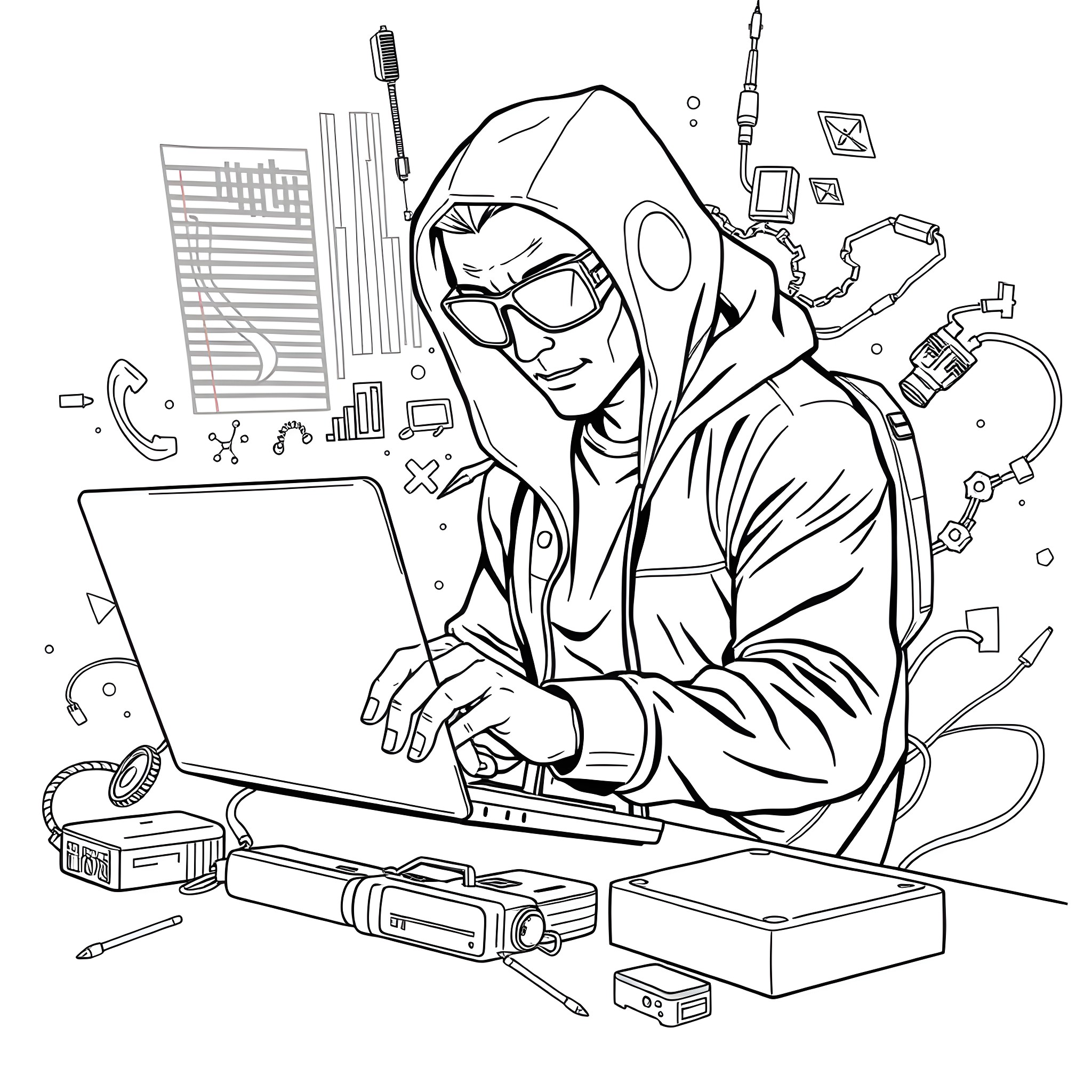 Hacker Manipulating Devices and Technology Coloring Page (free black-and-white line drawing printable PDF for all, from beginners to advanced learners, including children, teens, adults, and seniors)