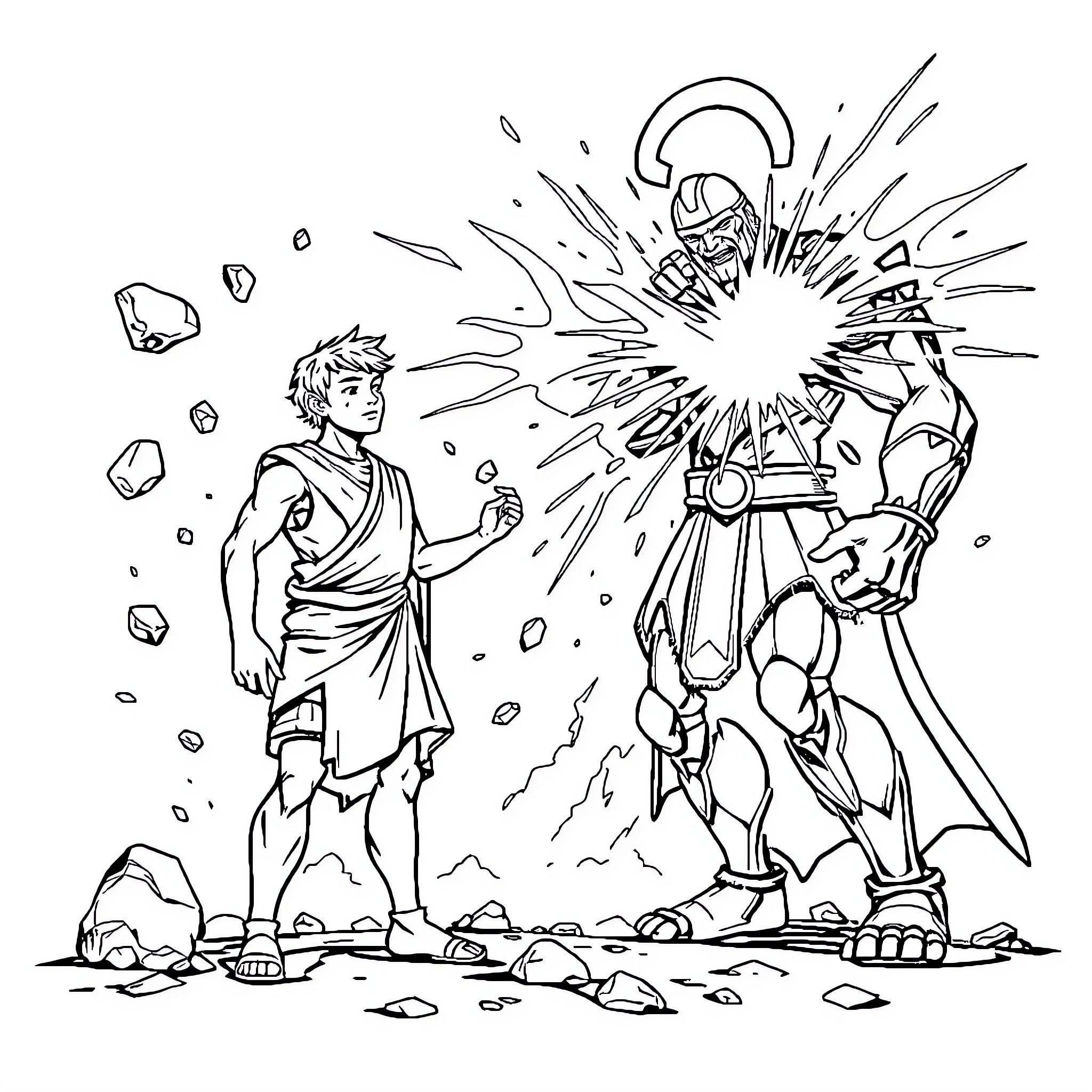 David's Confrontation with a Powerful Armored Warrior Coloring Page (free black-and-white line drawing printable PDF for all, from beginners to advanced learners, including children, teens, adults, and seniors)