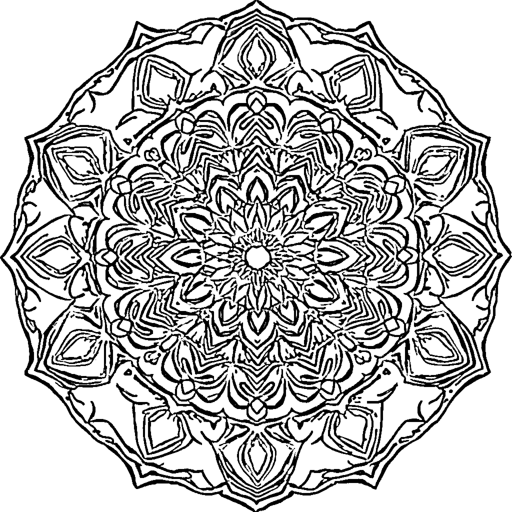 Mandala of intricate symmetrical pattern Coloring Page (free black-and-white line drawing printable PDF for all, from beginners to advanced learners, including children, teens, adults, and seniors)