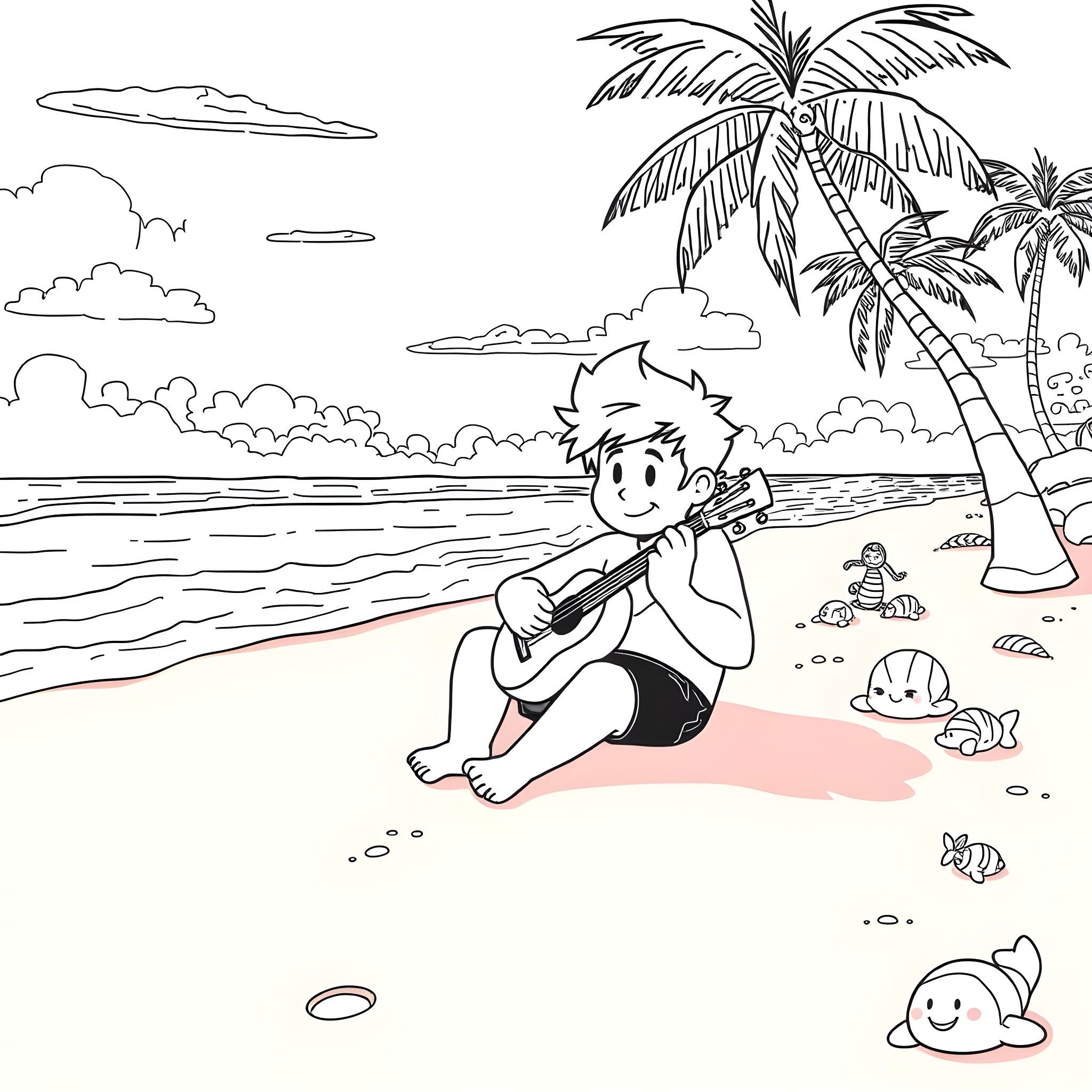 Steven Universe playing guitar on a tropical beach Coloring Page (free black-and-white line drawing printable PDF for all, from beginners to advanced learners, including children, teens, adults, and seniors)