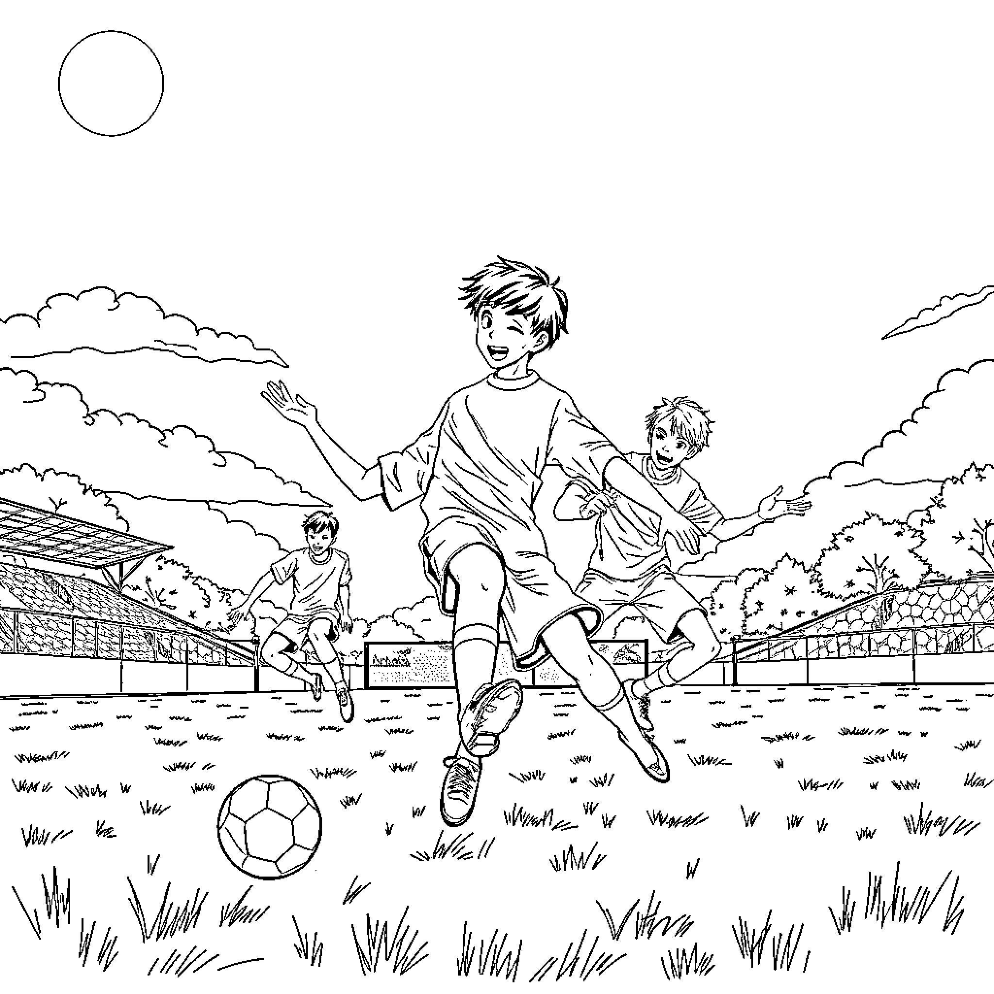 Saja Boys Playing Soccer on Field Coloring Page (free black-and-white line drawing printable PDF for all, from beginners to advanced learners, including children, teens, adults, and seniors)