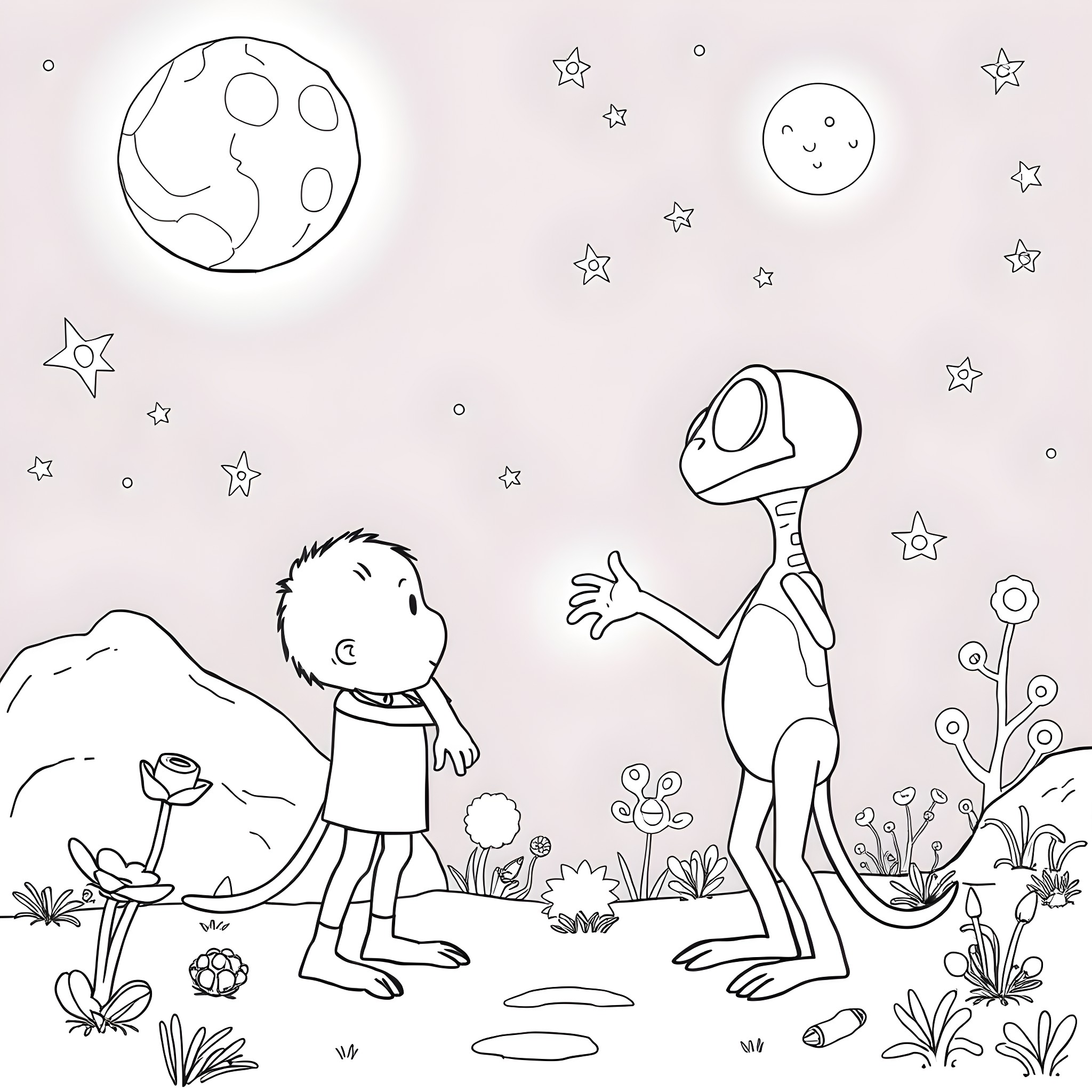 Caillou interacting with an alien in the starry night Coloring Page (free black-and-white line drawing printable PDF for all, from beginners to advanced learners, including children, teens, adults, and seniors)