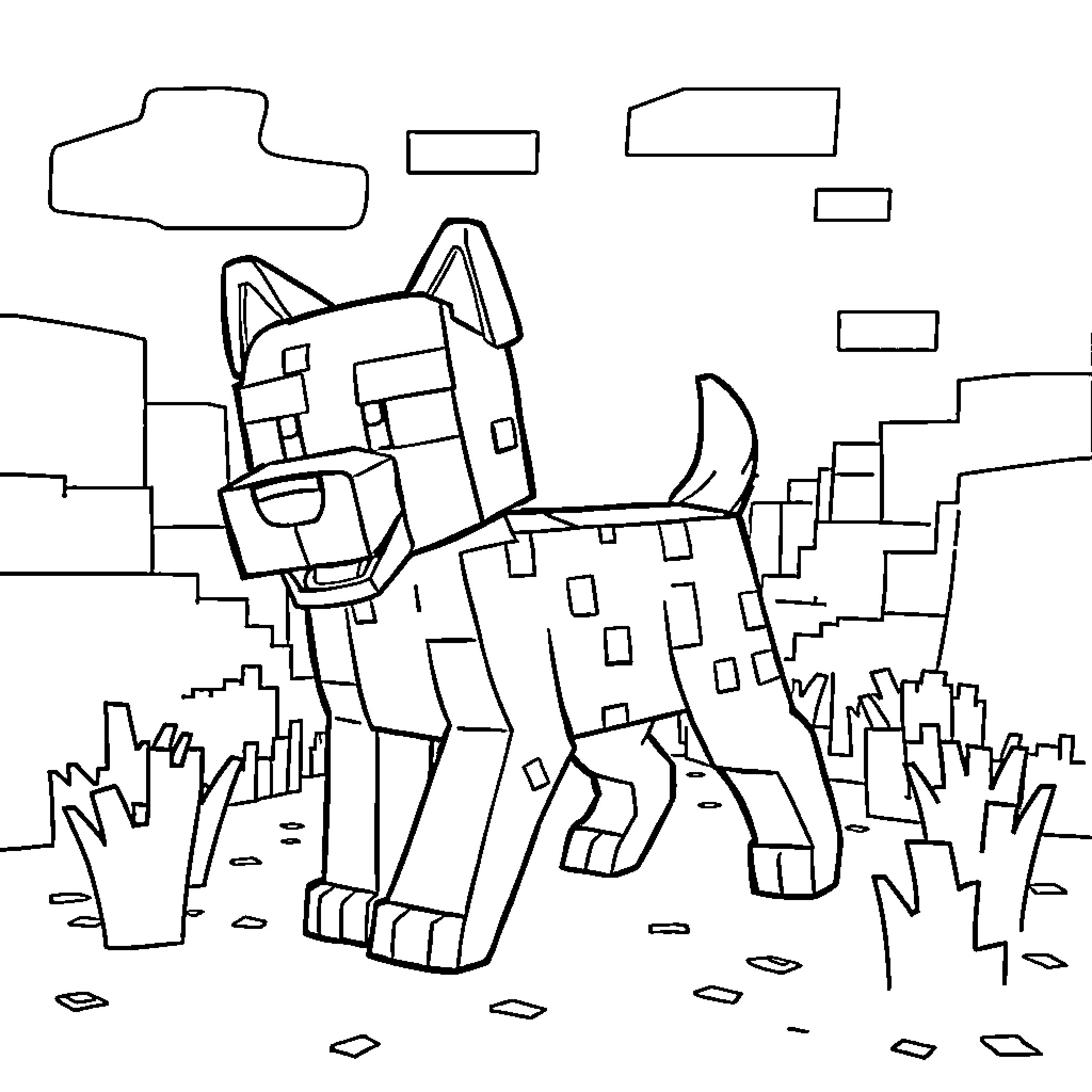 Dog exploring the blocky landscape Coloring Page (free black-and-white line drawing printable PDF for all, from beginners to advanced learners, including children, teens, adults, and seniors)