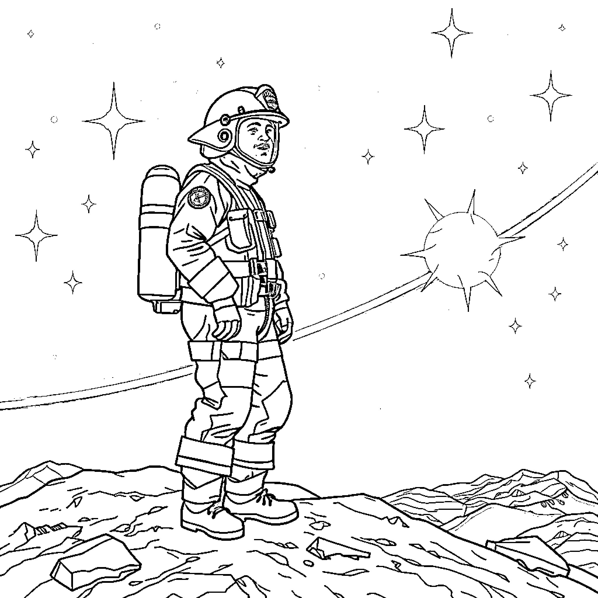 Firefighter exploring the rugged terrain under the night sky Coloring Page (free black-and-white line drawing printable PDF for all, from beginners to advanced learners, including children, teens, adults, and seniors)